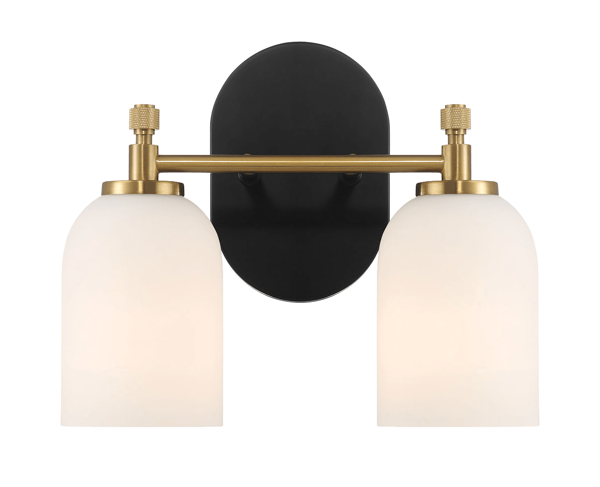 Vortex Two Lights Vanity In Traditional Style For Over Bathroom Mirror Wall Sconce 12.25"W 10.125"H 5.5"E With White Frosted Glass Black,Gold,White Glass,Metal