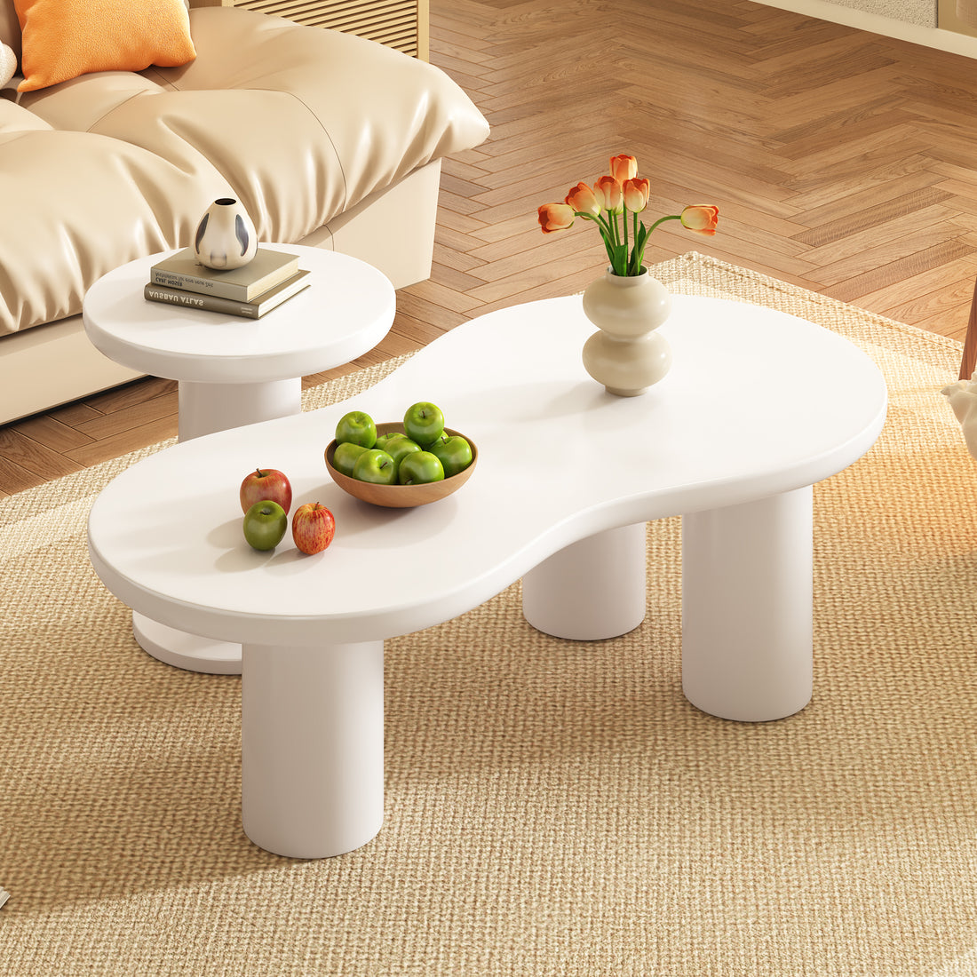 Easy Assembly Nesting Coffee Table Set Of 2, Cream Style Cloud Coffee Table With Round Small Side Table, Irregular Center Table With Thick Legs For Living Room, White, 39.3''X 13.7'', 15.7'' White