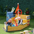 Outsunny Wooden Kids Pirate Sandbox, Outdoor Sandboat With Bench Seats, Storage, Non Woven Fabric Cloth For Backyard, Lawn Natural Wood