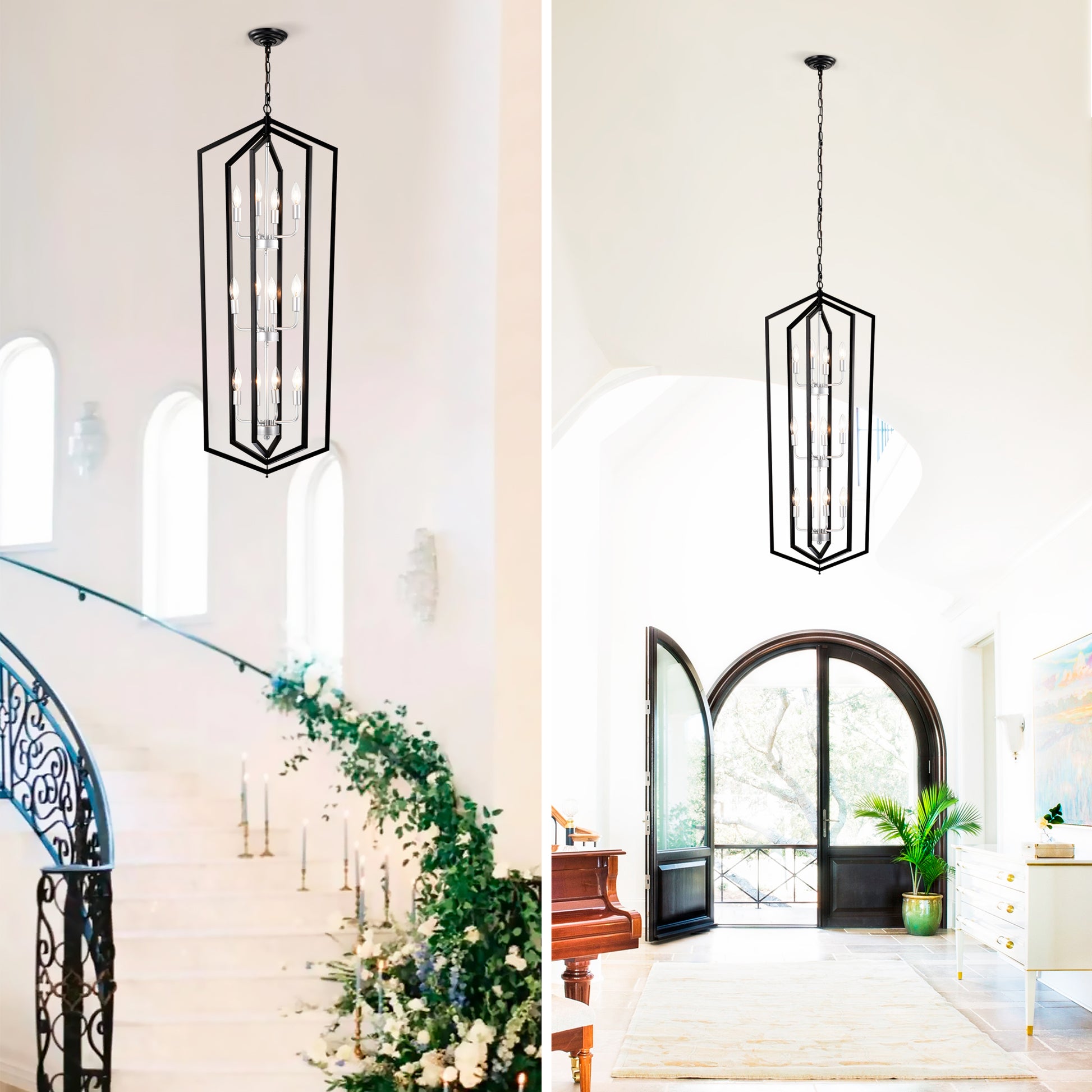 12 Light Farmhouse Kitchen Chandeliers, Matte Black And Sliver Vintage Rustic Cage Light Fixture Adjustable Height Chandeliers For Dining Room Hallway Foyer Entryway E12 Bulbs Not Included Matte Black American Design,Luxury,Modern,Vintage Metal Metal