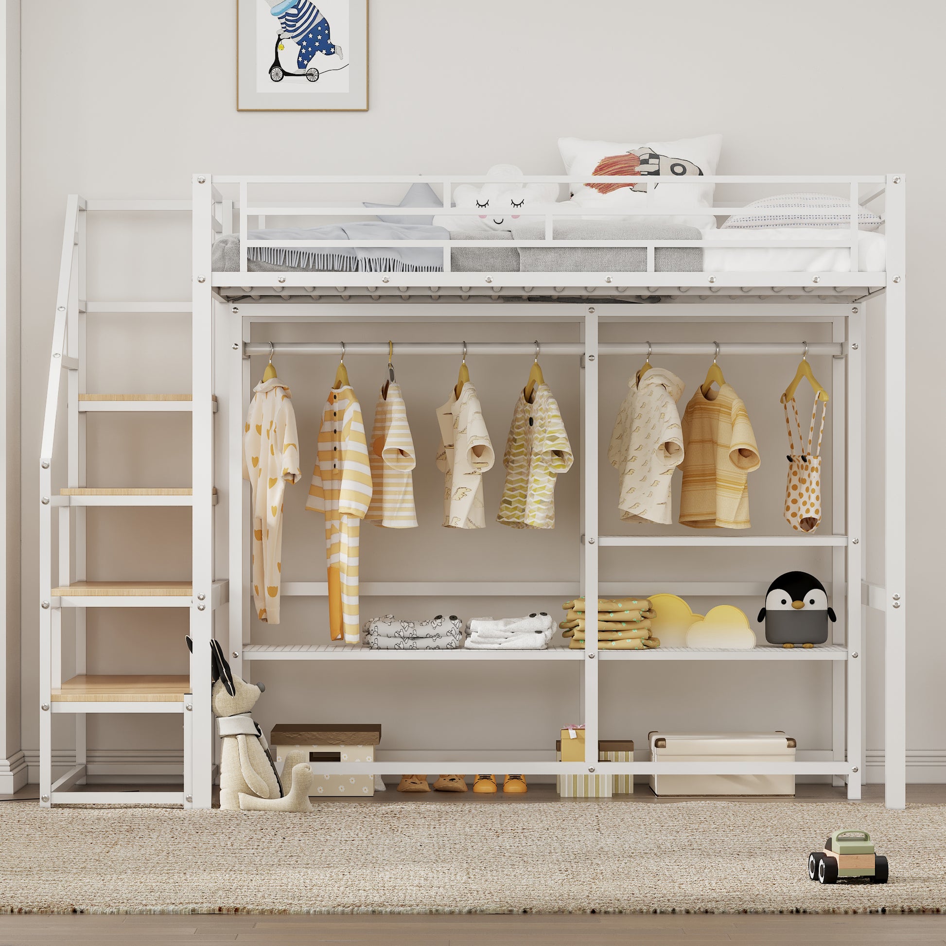 Twin Size Metal Loft Bed With Wardrobe And Storage Shelves, White Box Spring Not Required Twin White Metal Mdf Metal