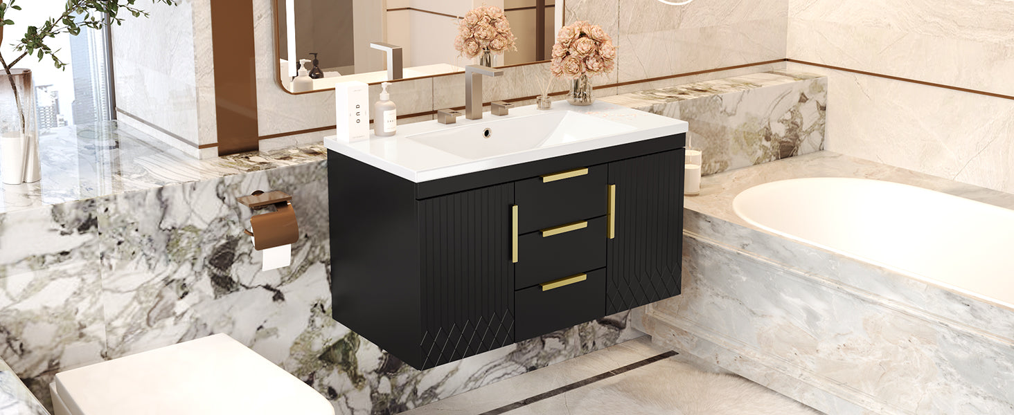 36'' Wall Mounted Bathroom Vanity With Resin Sink, Floating Bathroom Storage Cabinet With 2 Drawers, Solid Wood Bathroom Cabinet Black Bathroom Modern Mdf