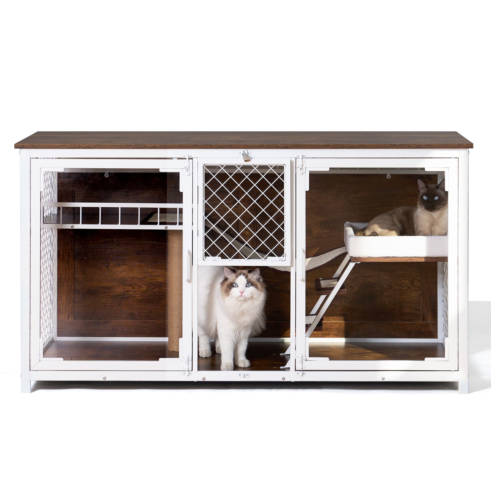 Wooden Cat House, Cat Villa, Cat Cages Indoor, Tv Stand With Cat House White Vintage American Design Cat Particle Board