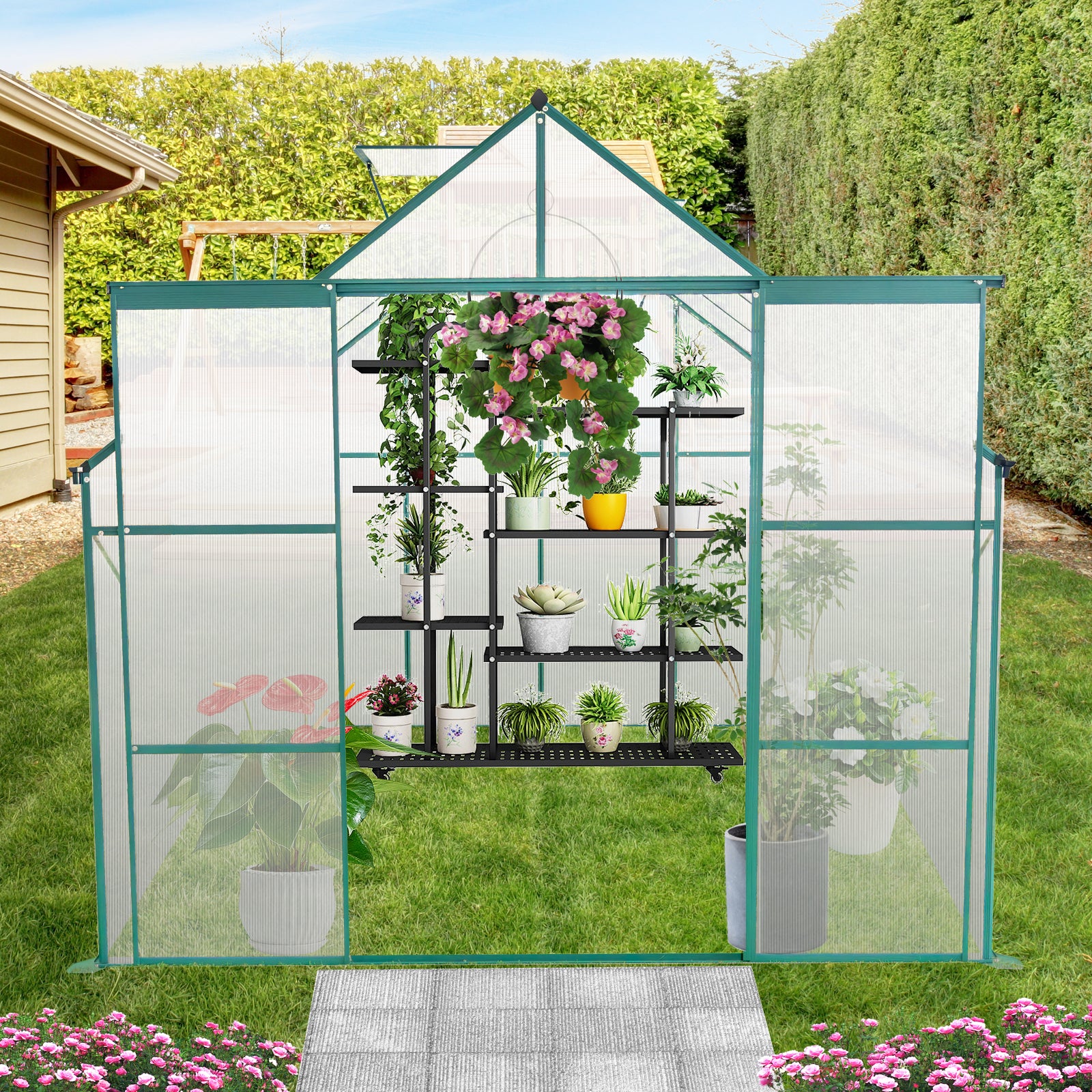 8X6Ft Green Double Door Polycarbonate Greenhouse Raised Base And Anchor Aluminum Heavy Duty Walk In Greenhouses For Outdoor Backyard In All Season Green Aluminum