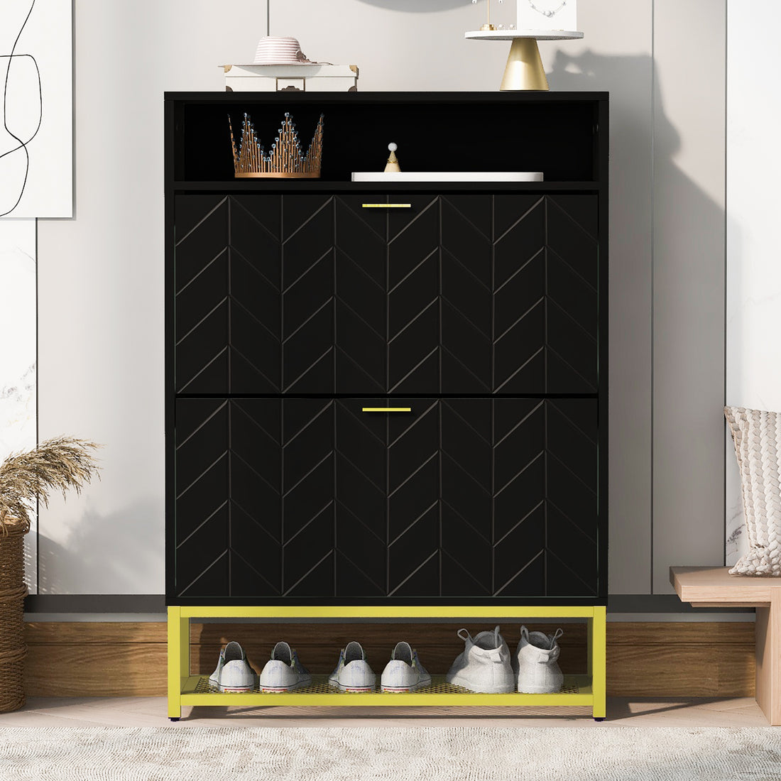 Shoe Cabinet With 2 Flip Drawers, And 2 Shelves, Modern Free Standing Shoe Rack For Heels, Boots, Slippers,Shoe Storage Cabinet For Entryway, Hallway, Living Room, Black Black Mdf