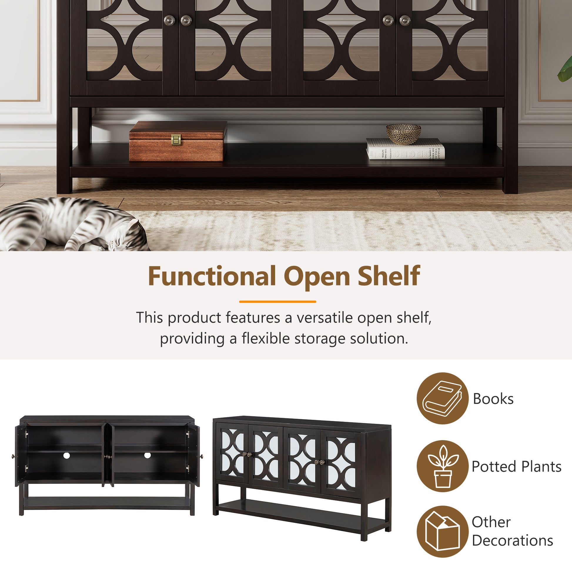 Elegant Retro Console Table Storage Cabinet Sideboard With Mirrored Doors, Spacious Shelves, And Durable Acacia Wood Legs Perfect For Living Room, Dining Room, Or Entryway Espresso Espresso Primary Living Space Solid Wood Mdf