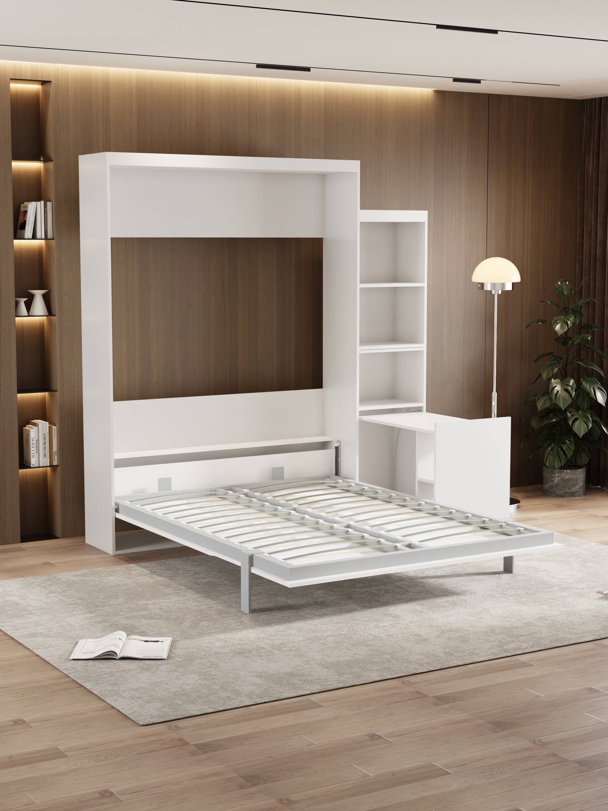 Queen Size Morden Deisgn Big Size Vertical Murphy Bed With Table And Shelf For Bedroom Or Guestroom White Wall Bed Space Saving Hidden Bed With Style Gas Struts Box Spring Not Required Queen White Metal Bedroom Murphy Plywood