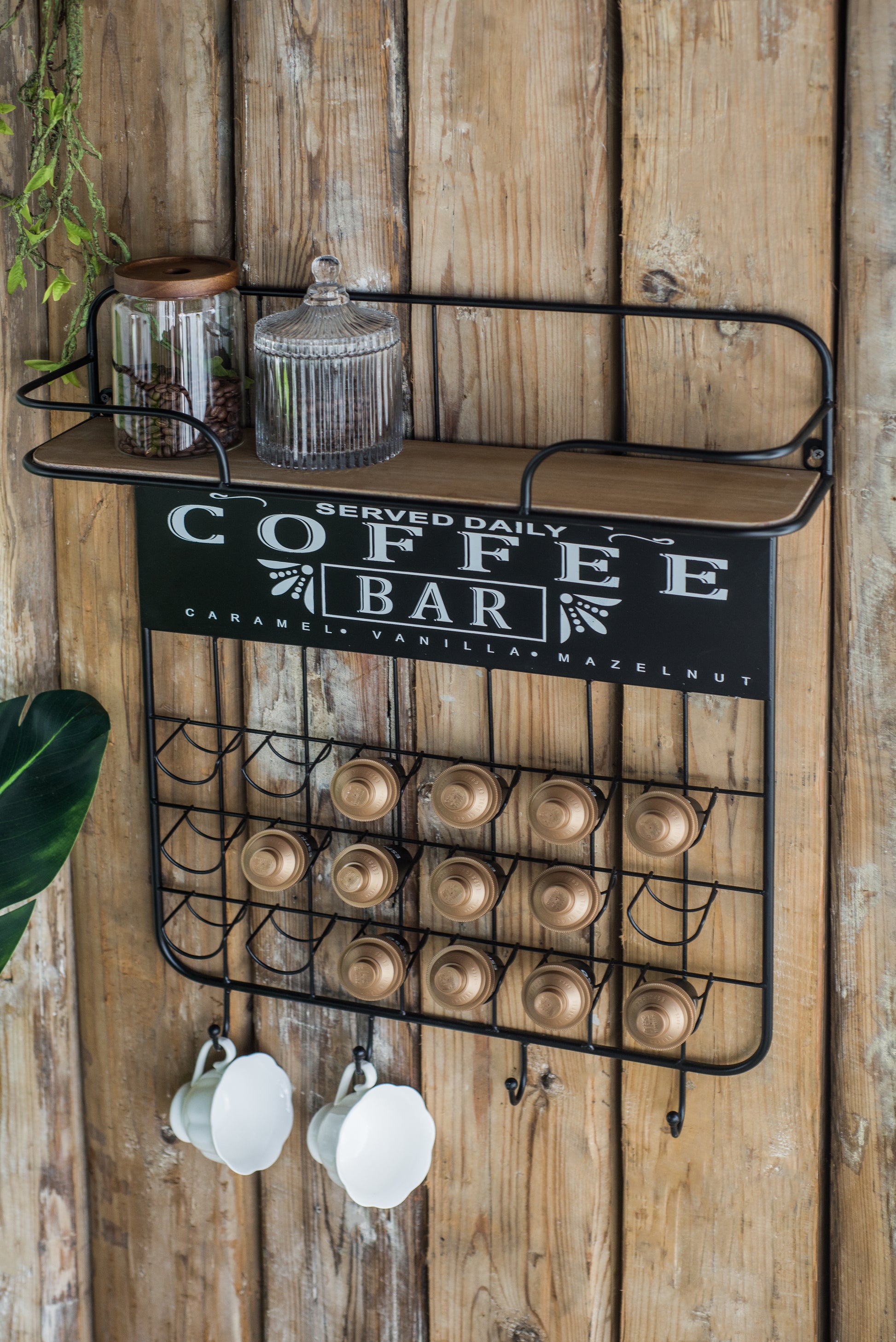 22.8X5.5X28.7" Black Floating Coffee Bar Shelf With Coffee Pod Holder, Hooks And Storage Shelf Black Iron