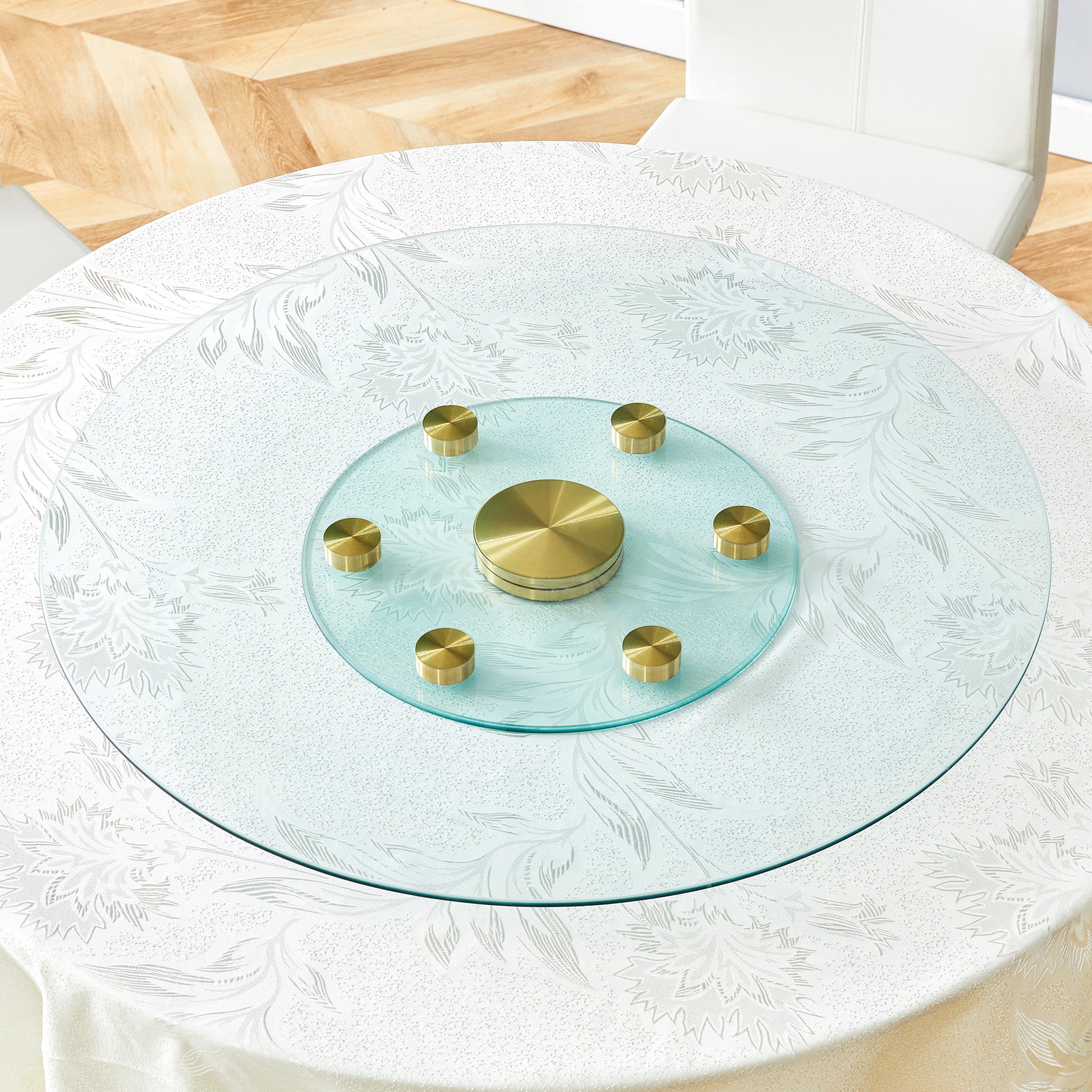 Double Layer Rotatable Round Glass.The Rotatable Design Makes It More Convenient To Retrieve And Place Items.The Upper Glass Has A Diameter Of 30.3 Inches, While The Lower Glass15 Inches.