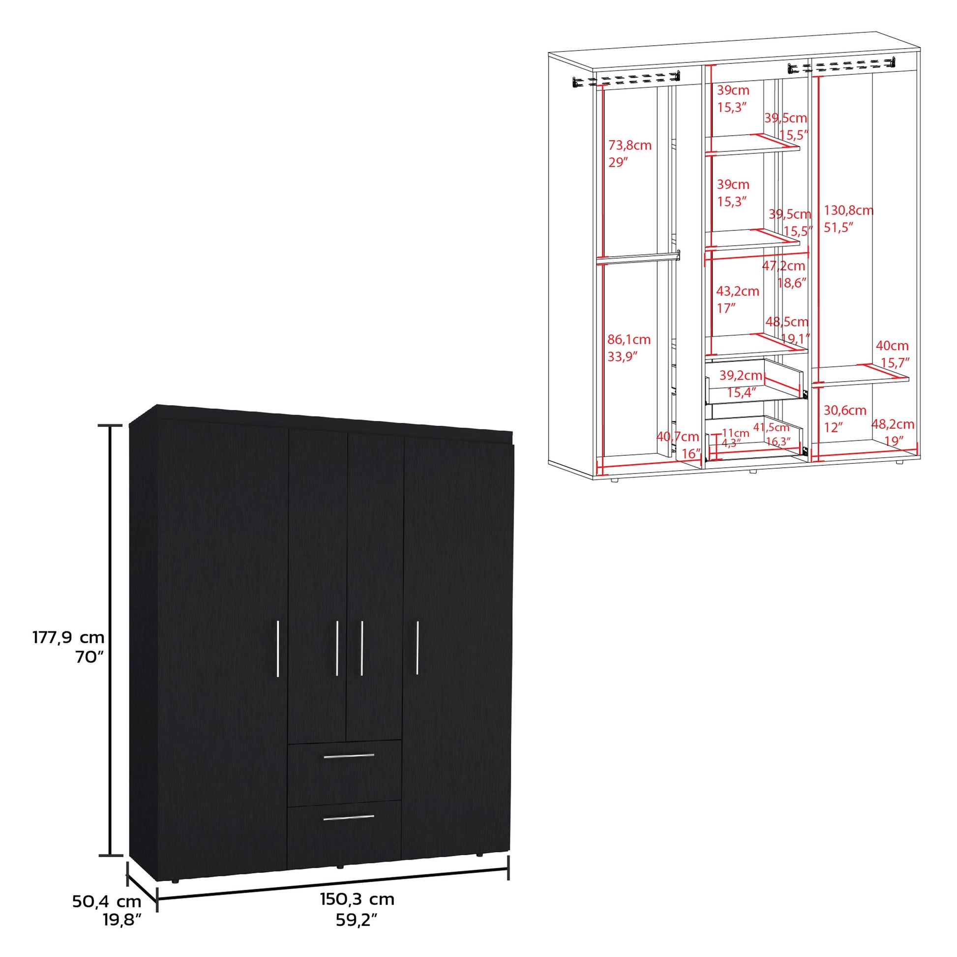 Bariloche Wardrobe, Multi Section Storage With Hanging Rods, Shelves, And 2 Drawers Black Bedroom Modern Particle Board