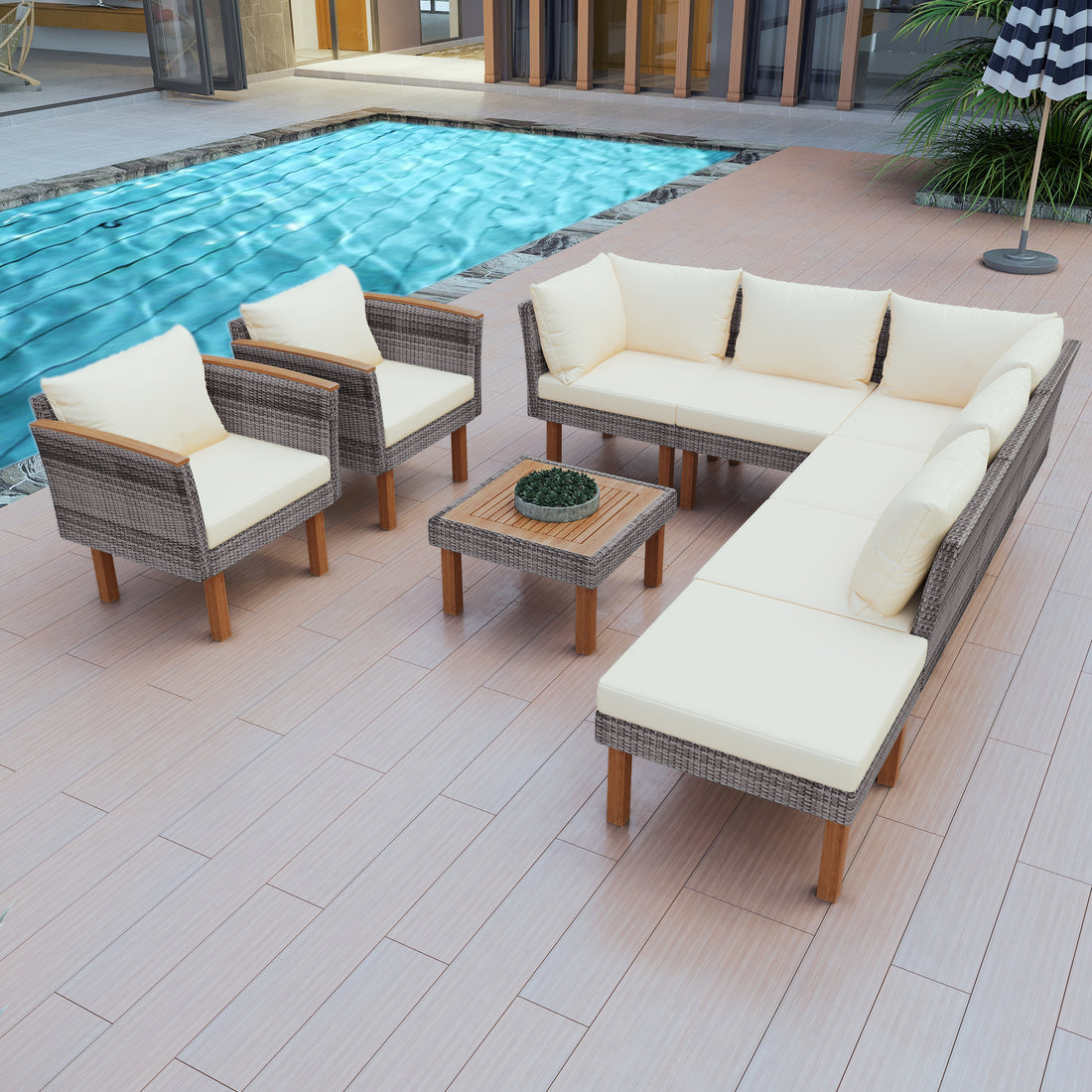 9 Piece Patio Rattan Furniture Set, Outdoor Conversation Set With Acacia Wood Legs And Tabletop, Pe Rattan Sectional Sofa Set With Coffee Table, Washable Cushion, Beige Yes Beige Garden & Outdoor Complete Patio Sets Foam Wicker