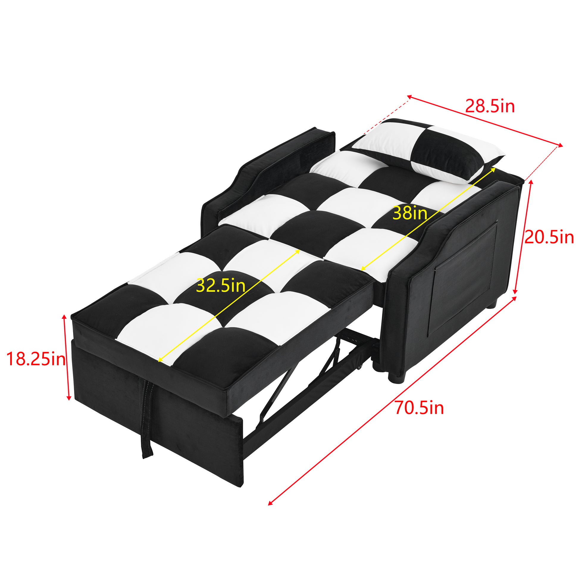 Modern Velvet Armchair Sofa Couch Pull Out Bed,3 In One Convertible For Living Room Sofa Bed,Black White Black White Velvet Primary Living Space Cushion Back Medium Soft Medium Duty American Design Pillow Top Arms Foam Velvet 1 Seat