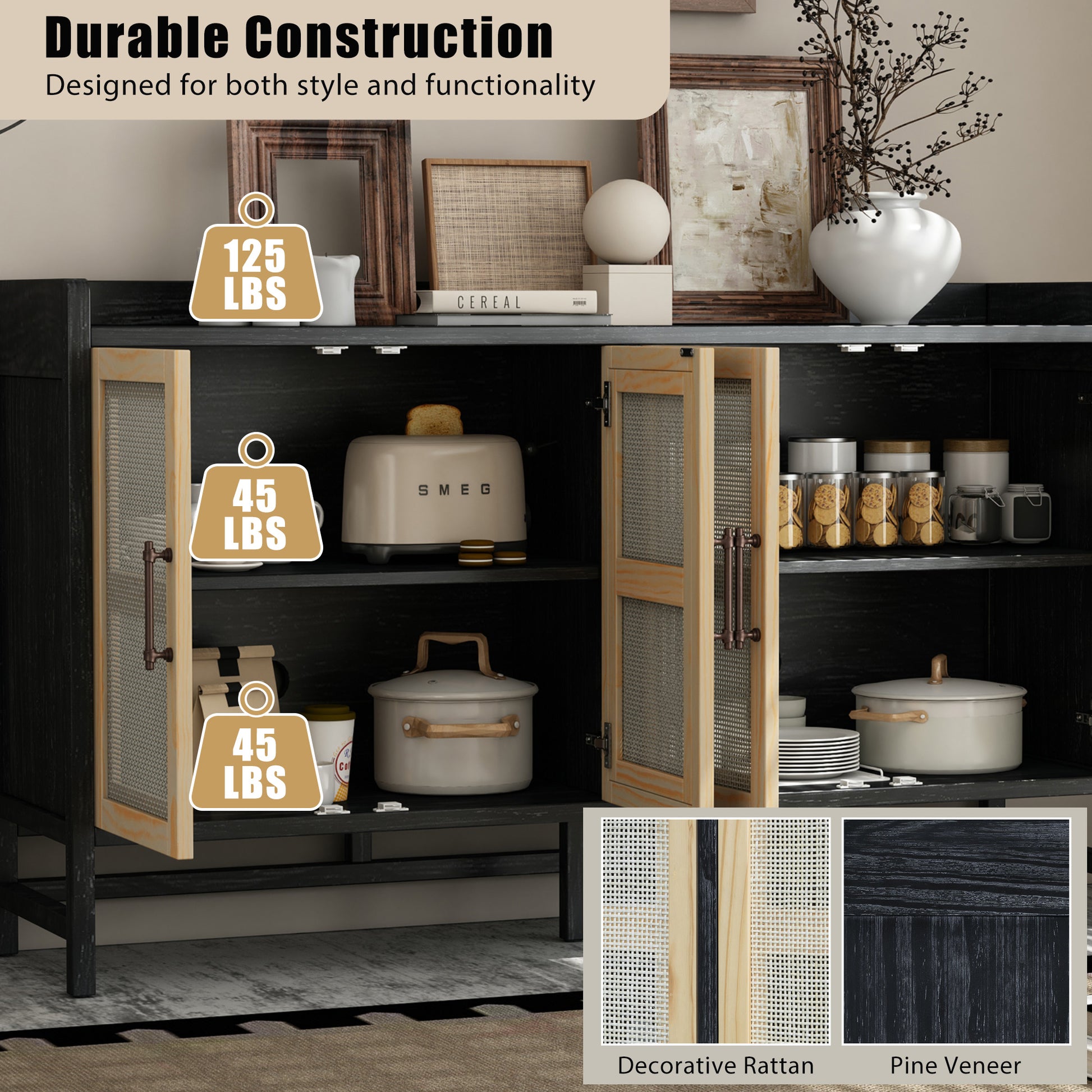 Sideboard Rustic Buffet Cabinet, Sideboard Cabinet With Decorative Rattan Doors, Buffet Cabinet With Storage For Entryway Dining Room Kitchen Living Room, Black Natural Black Natural Mdf