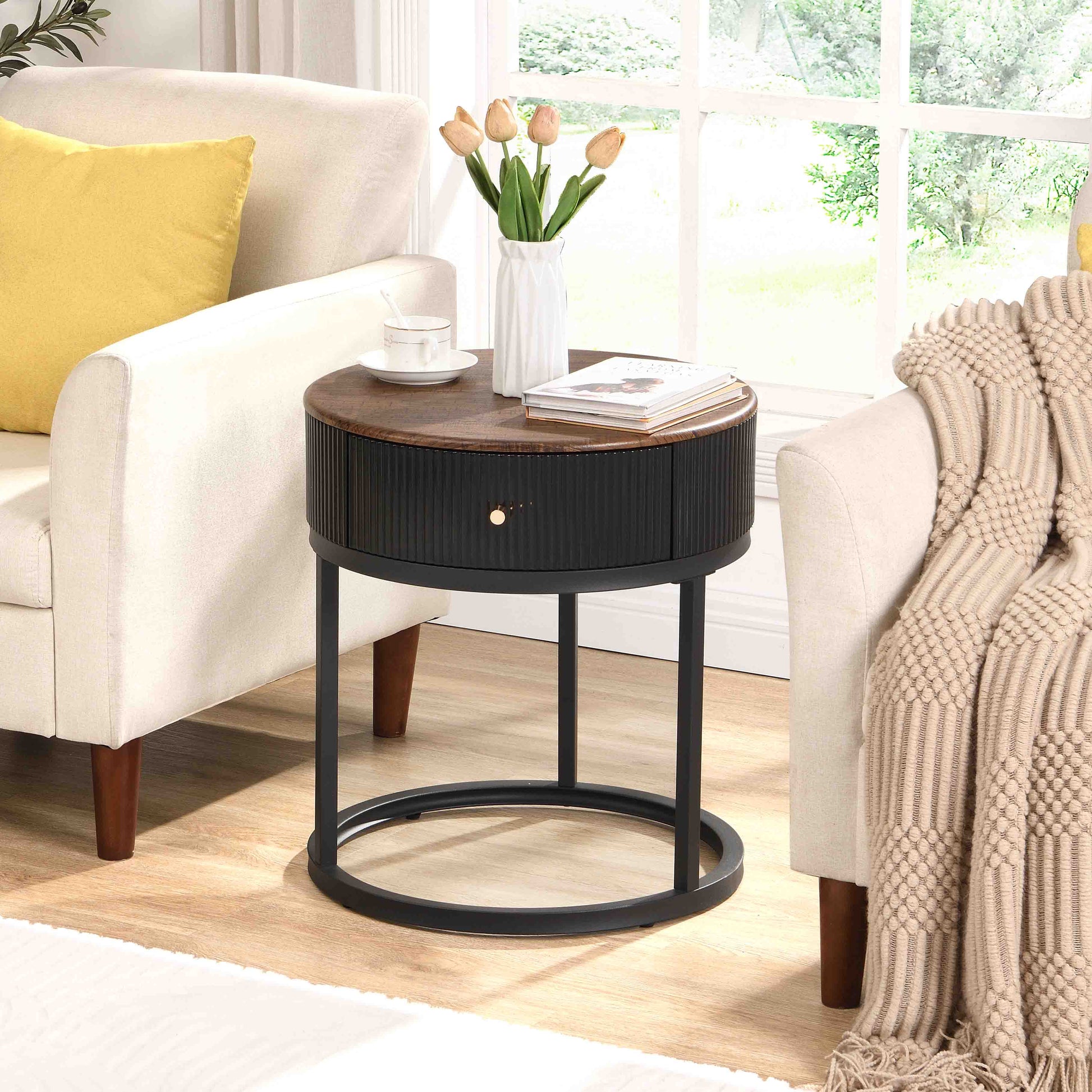 Round Nightstand With Drawer, 19.68 Inch Wood End Table With Storage, Small Table Or Living Room, Bedroom And Small Spaces Black Coffee & End Tables Iron