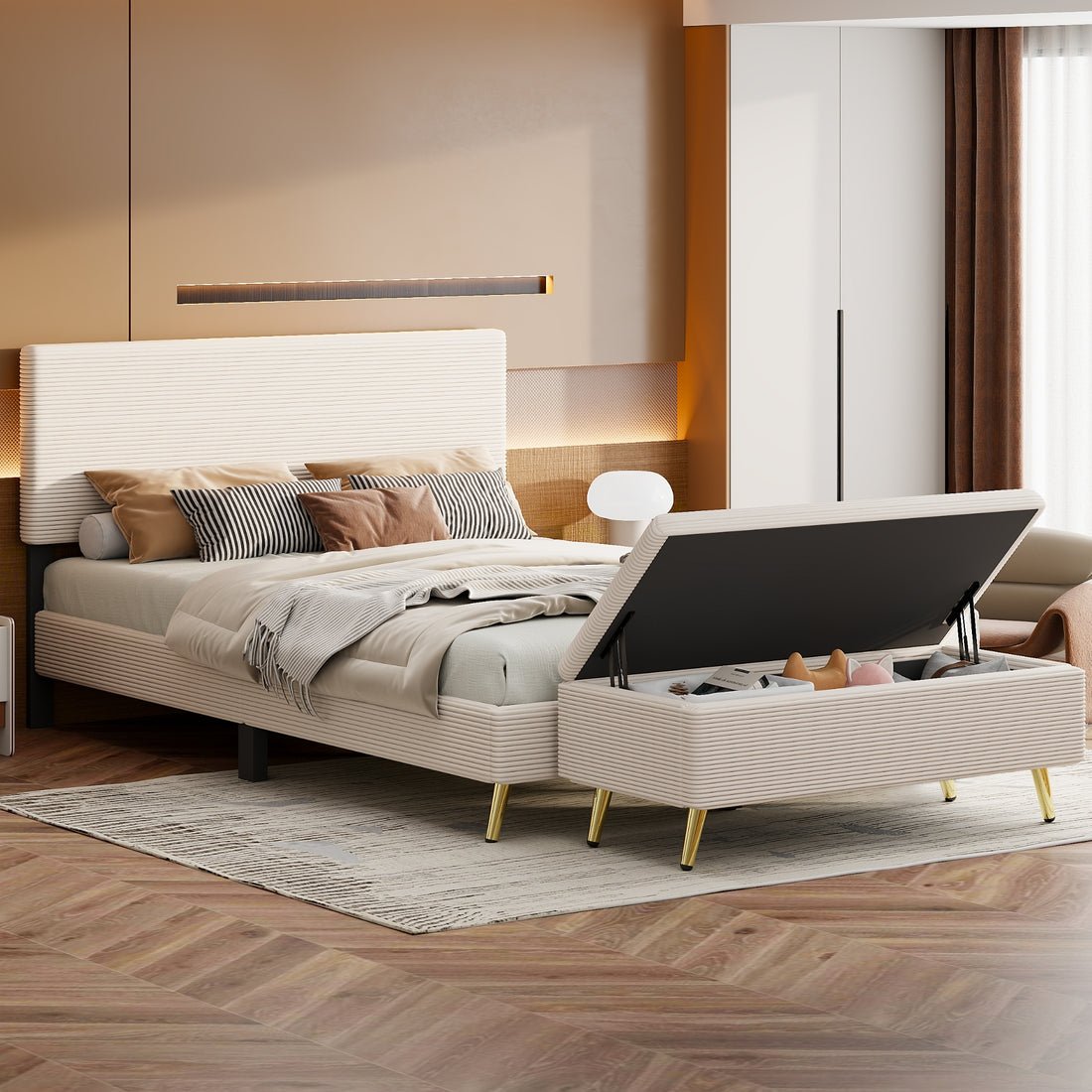 2 Pieces Bedroom Sets Queen Size Upholstered Bed Frame, Modern Corduroy Storage Ottoman,Beige Queen Beige 2 Piece Set Solid Wood Mdf