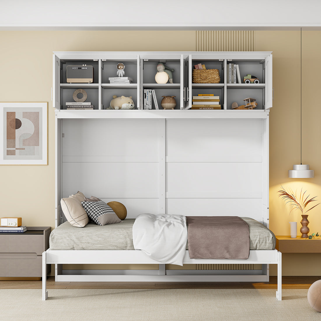 Full Size Murphy Bed Wall Bed With Top Cabinets,White Full White Plywood