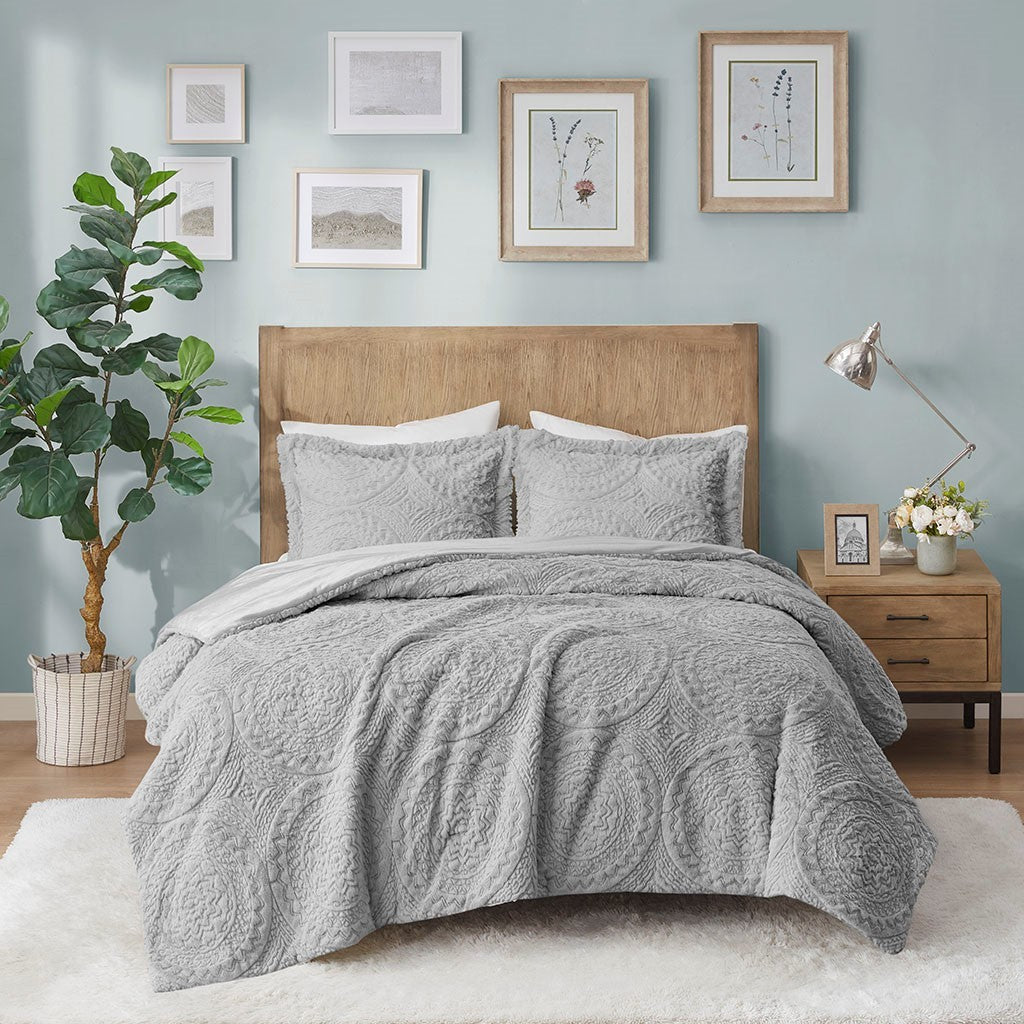 Embroidered Medallion Faux Fur Ultra Plush Comforter Mini Set Queen Grey Polyester