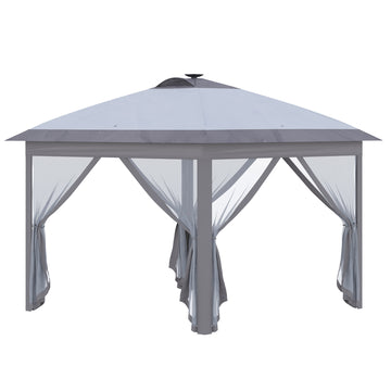 Outsunny 11' X 11' Pop Up Canopy, Instant Canopy Tent With Solar Led Lights, Remote Control, Zippered Mesh Sidewalls And Carrying Bag For Backyard Garden Patio, Gray Gray Steel