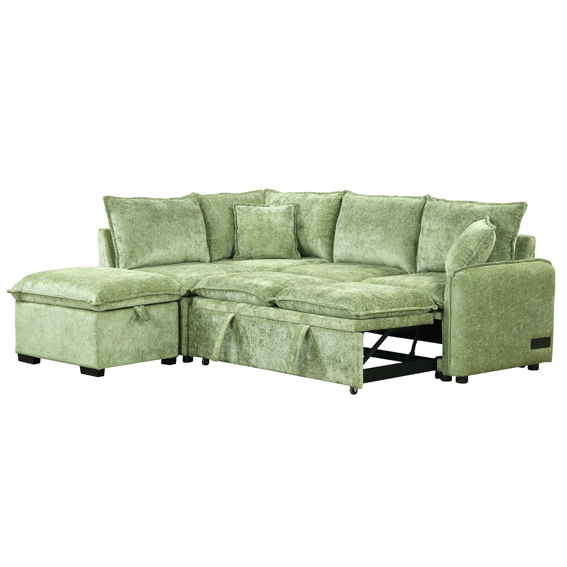 82.67"Convertible Sofa Bed Sectional Sofa Sleeper L Shaped Sofa With A Storage Ottoman,Two Pillows, Two Power Sockets And Two Usb Ports For Living Room, Green Green Foam Chenille 4 Seat