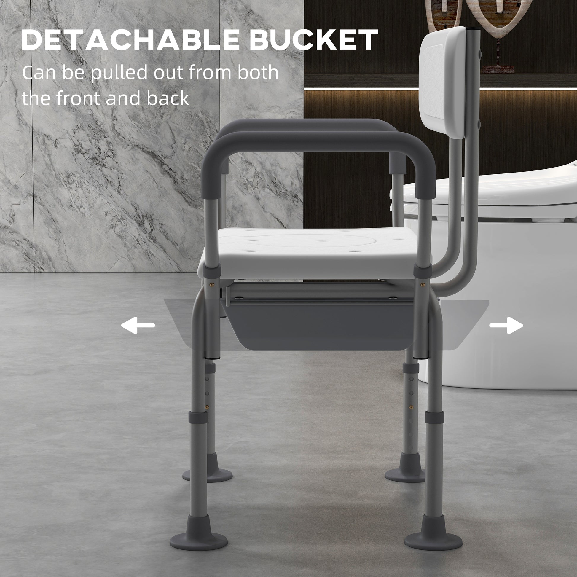 Homcom 3 In 1 Shower Chair With Back And Arms, Height Adjustable Bedside Commode, Raised Toilet Seat With Non Slip Rubber Foot Pad For Seniors, Disabled, White White Aluminum