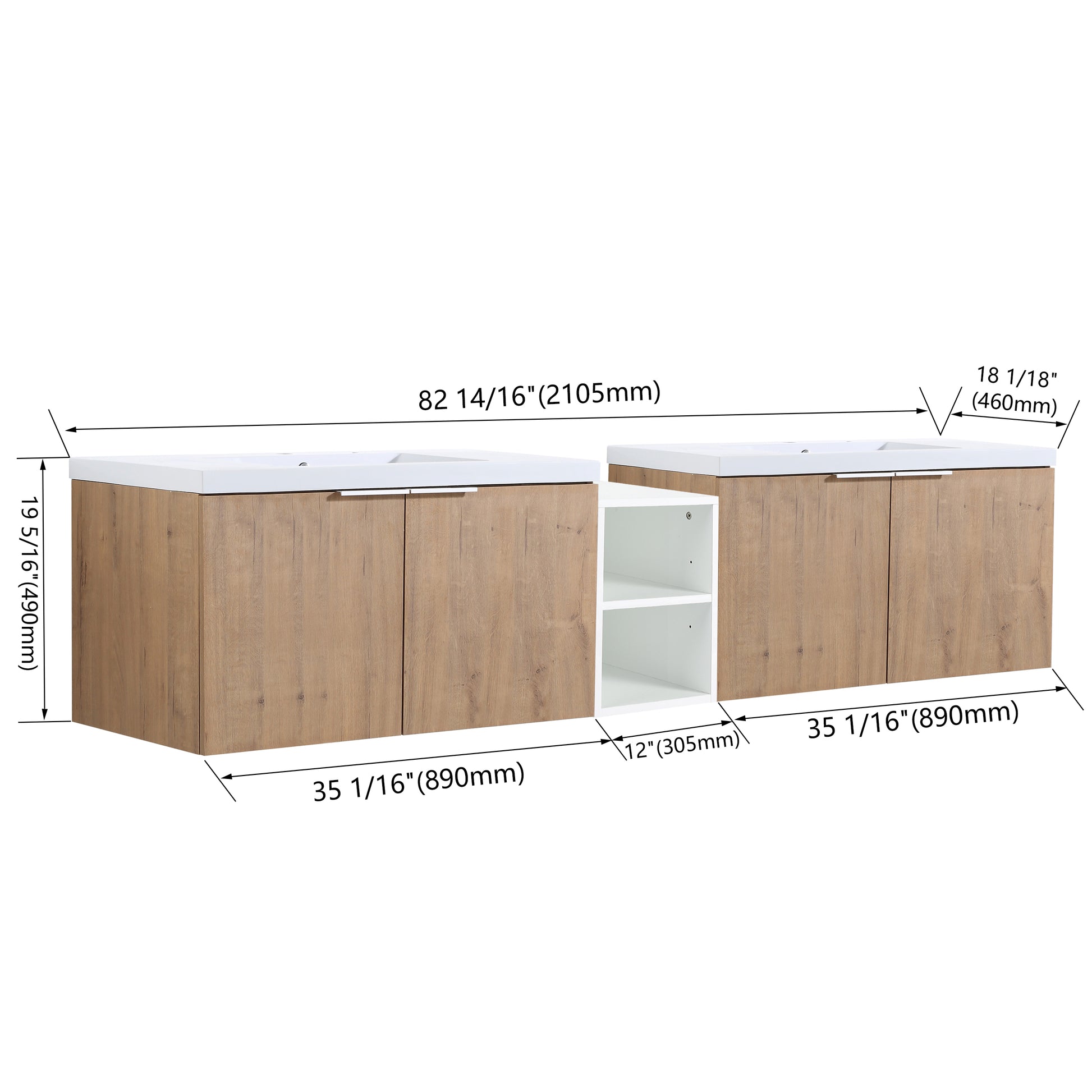 84 Inch Soft Close Doors Bathroom Vanity With Sink, A Small Storage Shelves, 36" And 12" Combination Cabinet, Kd Packing Imitative Oak 4 1 Bathroom Wall Mounted Modern Plywood