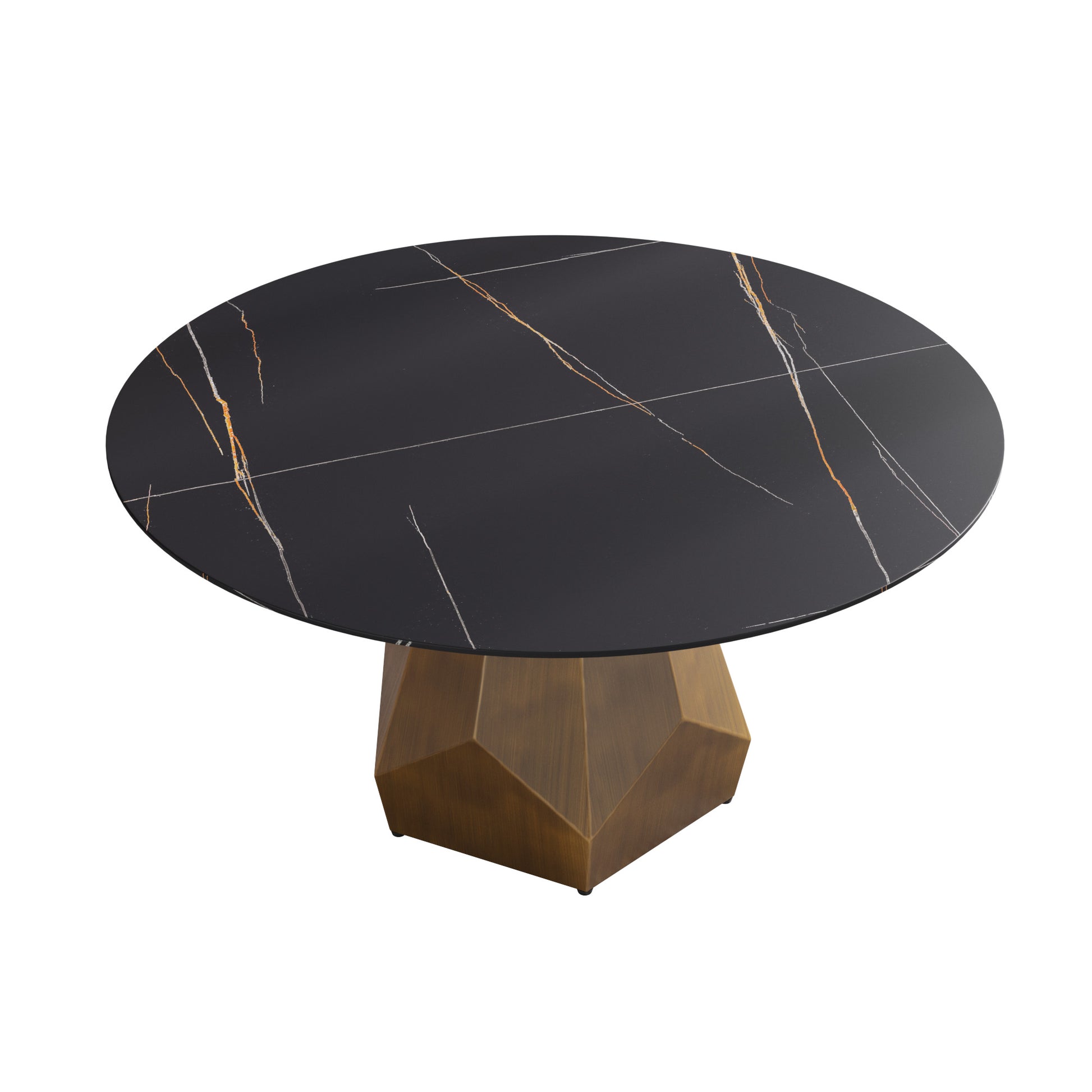 59.05" Round Marble Dining Table With Metal Base, Artificial Marble For 6 8 People, Dining Room Living Room Kitchen Dining Table,Black Dining Table Only Antique Brass,Black Metal Marble