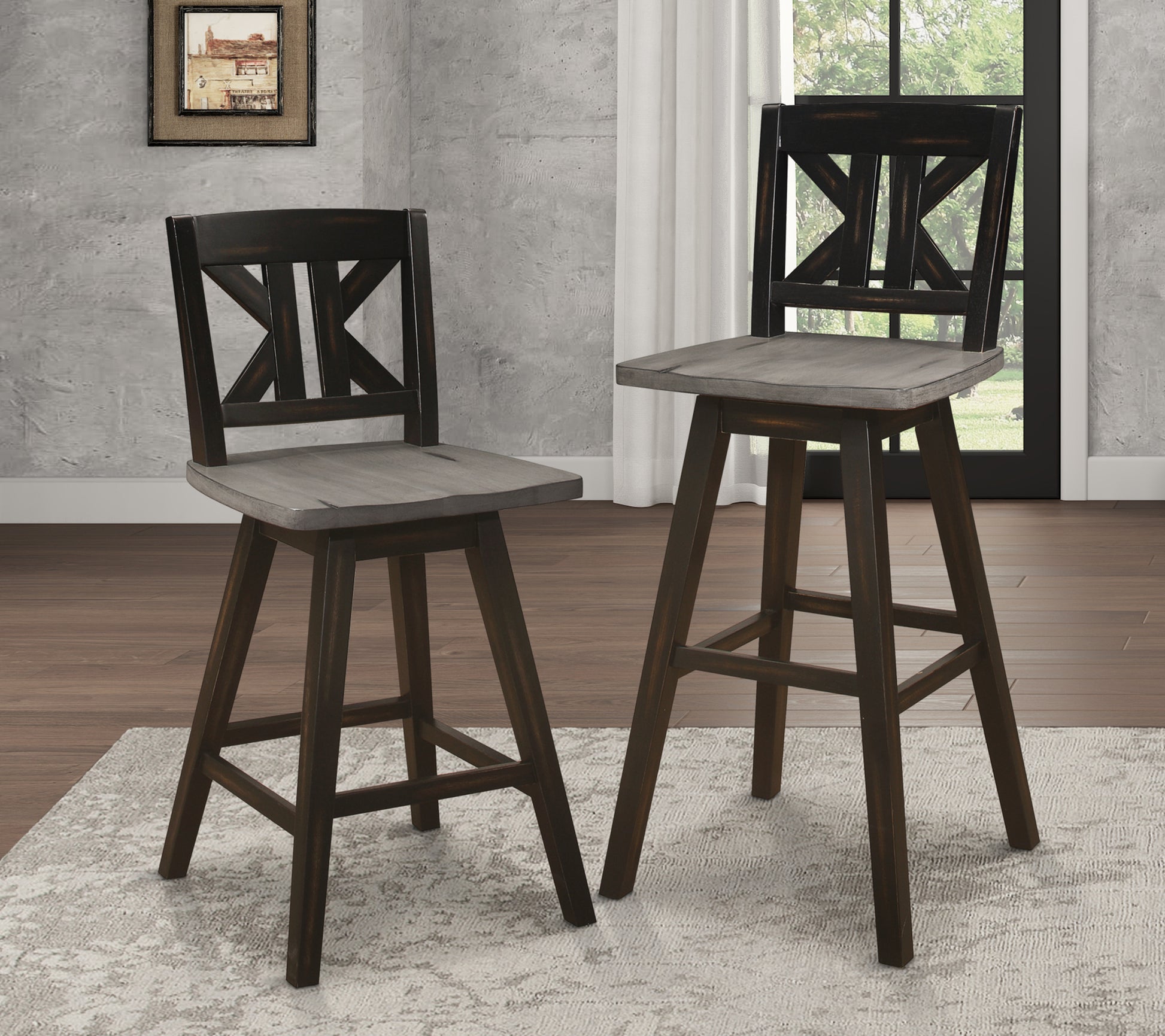 Counter Height Chairs Set Of 2, Black Gray 360 Degree Swivel Chair Solid Rubberwood Kitchen Dining Furniture, Divided X Back Black Gray Dining Room Rustic Solid Wood