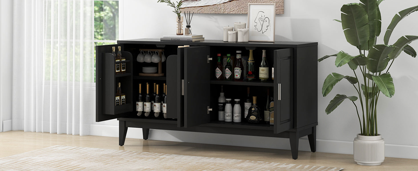 4 Door Sideboard Storage Cabinet With Door Shelf For Living Room And Dining Room, Two Large Cabinets With Adjustable Shelf, Black Black Rubberwood Solid Wood Mdf