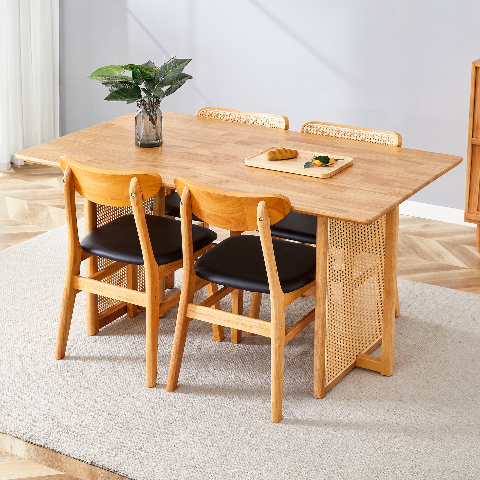 Table And Chair Set, Ancient Style Solid Wood Dining Table, Imitation Rattan Table Legs, Beautiful Simple Solid Wood Dining Chair, Perfect For Dinner, Meetings, Home And Office Decoration Wood Rubber Wood