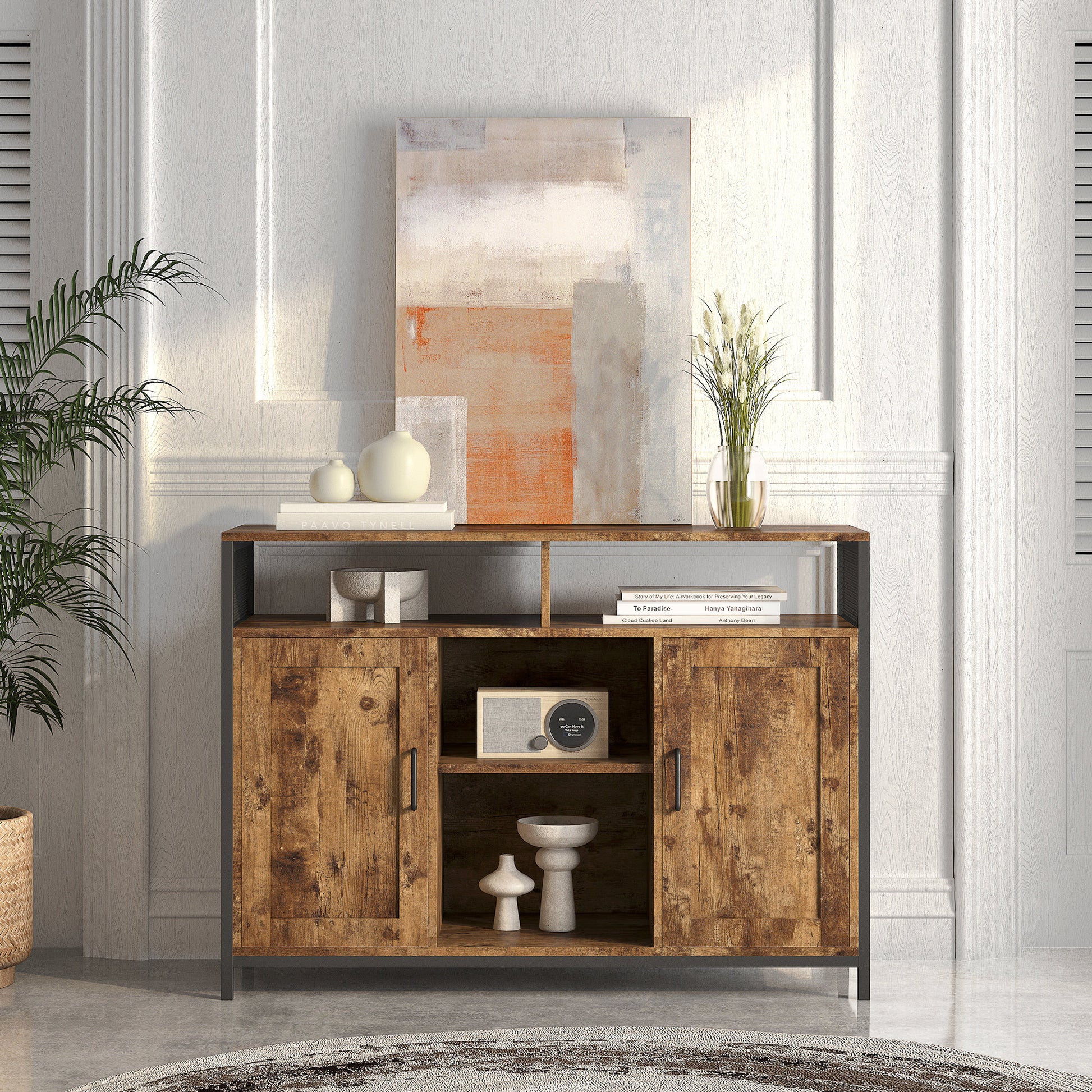 Sideboard, Storage Cabinet With Open Shelves For Kitchen Dining Room Living Room, Industrial Style, Rustic Brown, 43.7X15.74X31.5Inches Rustic Brown Mdf