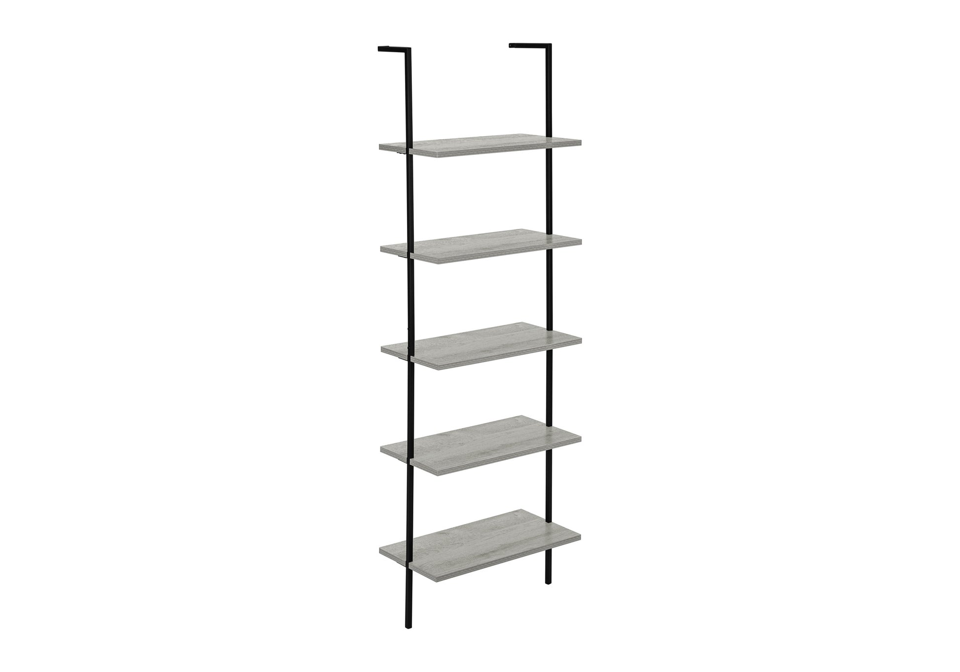 Bookshelf, Bookcase, Etagere, Ladder, 5 Tier, 72"H, Office, Bedroom, Grey Laminate, Black Metal, Contemporary, Modern Grey Metal