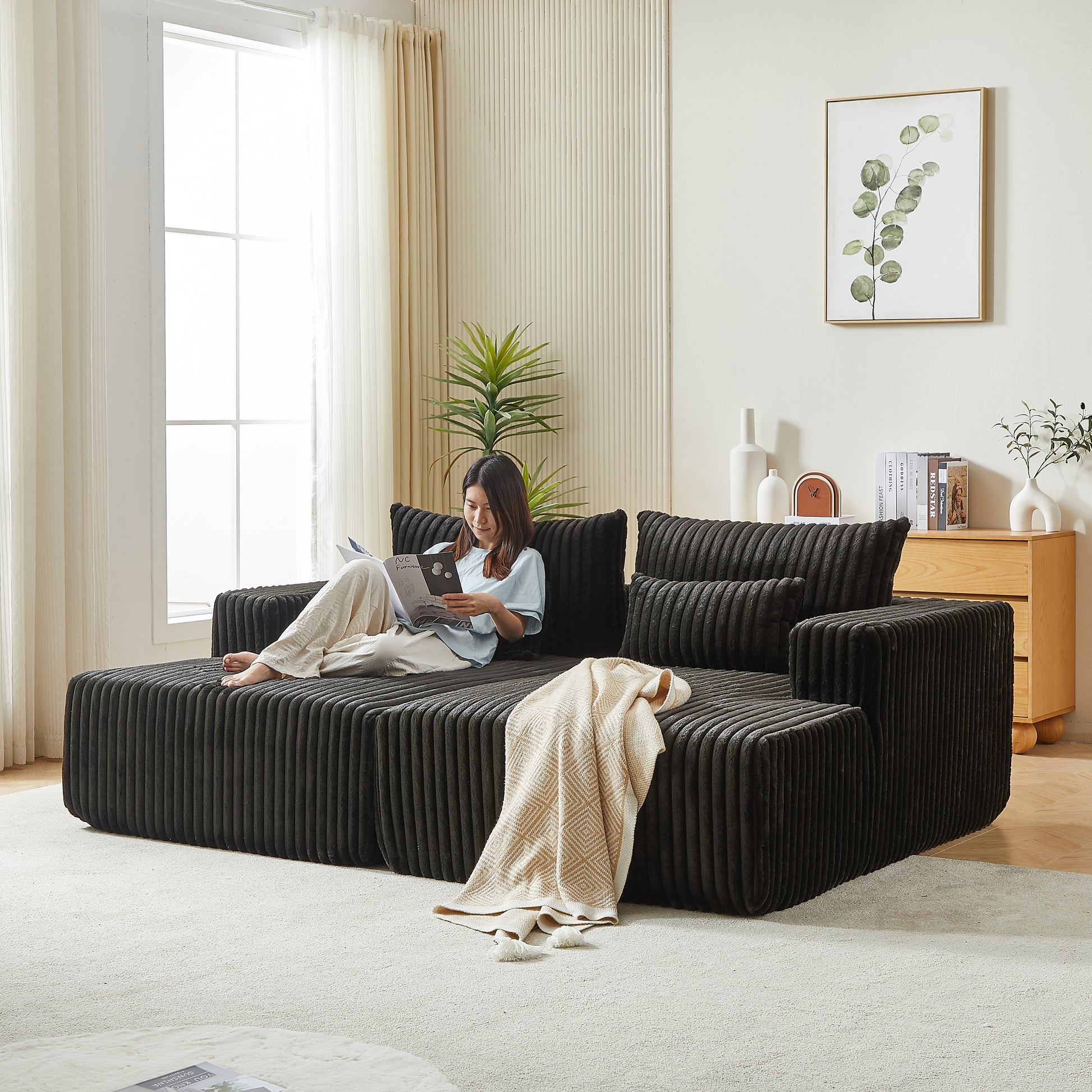 87" Oversized Sectional Lounge Chaise ,No Assembly Required,Cloud Plush Loveseat With Reclining Sofa Bed,Fluffy Modern Sleeper Chair For Indoor Living Room Bedroom Black Corduroy 2 Seat