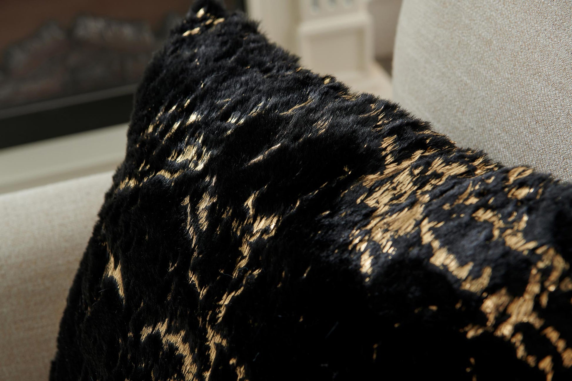 Luxury Chinchilla Faux Fur Gilded Black Pillow 20 In. X 20 In. Black Gold Polyester