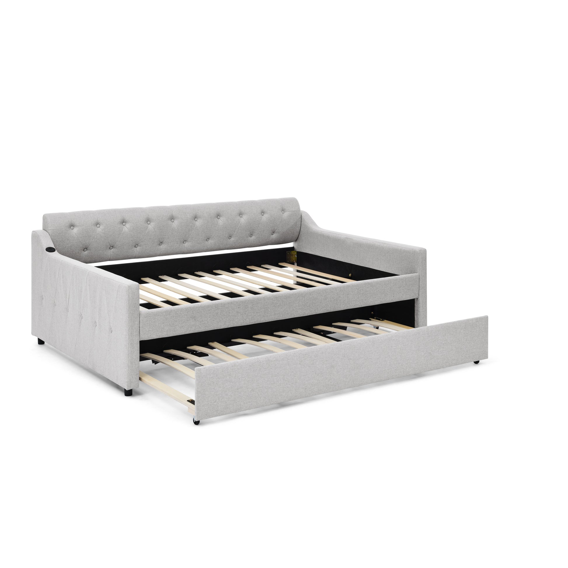 Full Size Upholstery Daybed With Twin Size Erectable Trundle And Usb Charging Design, Linen Beige Box Spring Not Required Full Beige Bedroom Linen Linen