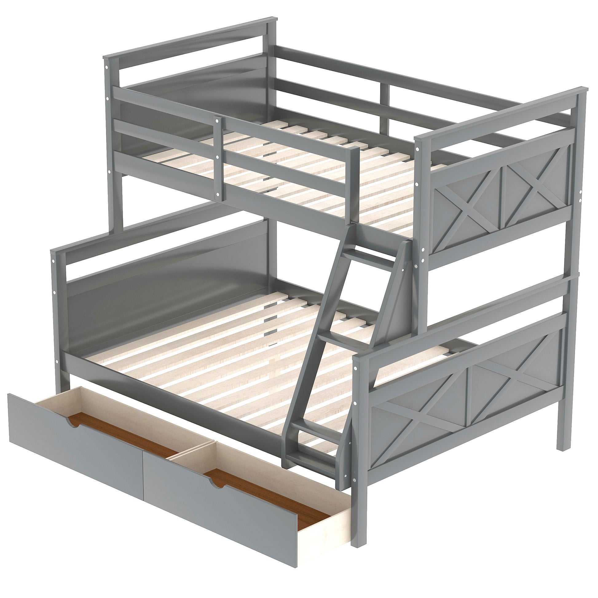 Twin Over Full Bunk Bed With Ladder, Two Storage Drawers, Safety Guardrail, Gray Twin Box Spring Not Required Gray Bedroom Bunk Pine