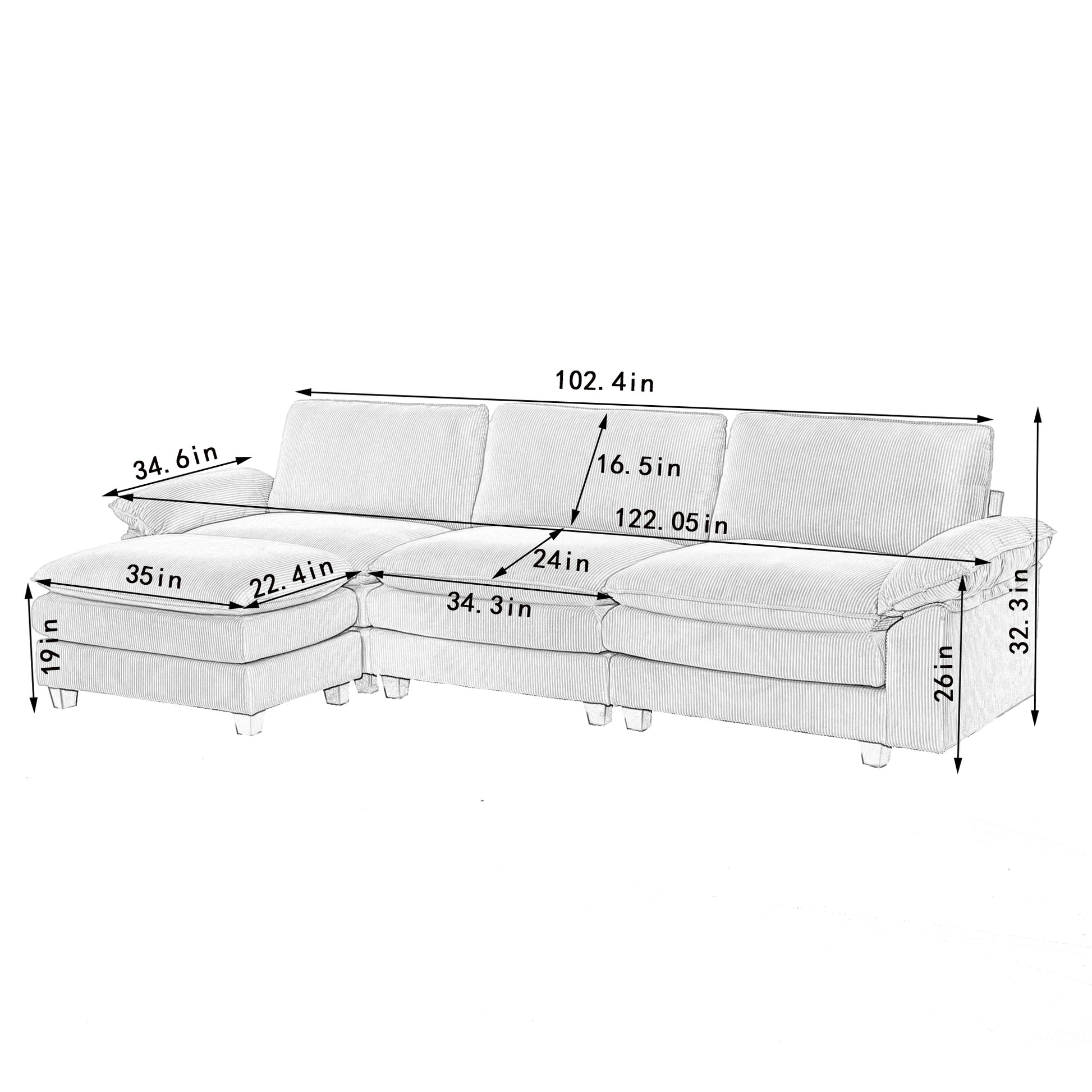 Modular Sectional Sofa With Movable Ottoman,L Shaped Corduroy Fabric Couch With High Supportive & Soft Sponges And Removable Ottoman, Sleeper Comfy Upholstered Furniture For Living Room Beige Beige