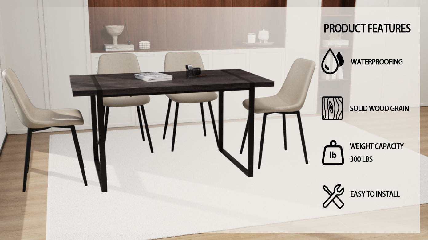 59" Mdf Black Wooden Dining Table And Modern Dining Chair 4 Piece Set, Medieval Wooden Kitchen Dining Table Set, Rectangular Metal Base, Dining Table And Suede Chair Beige Black Mdf