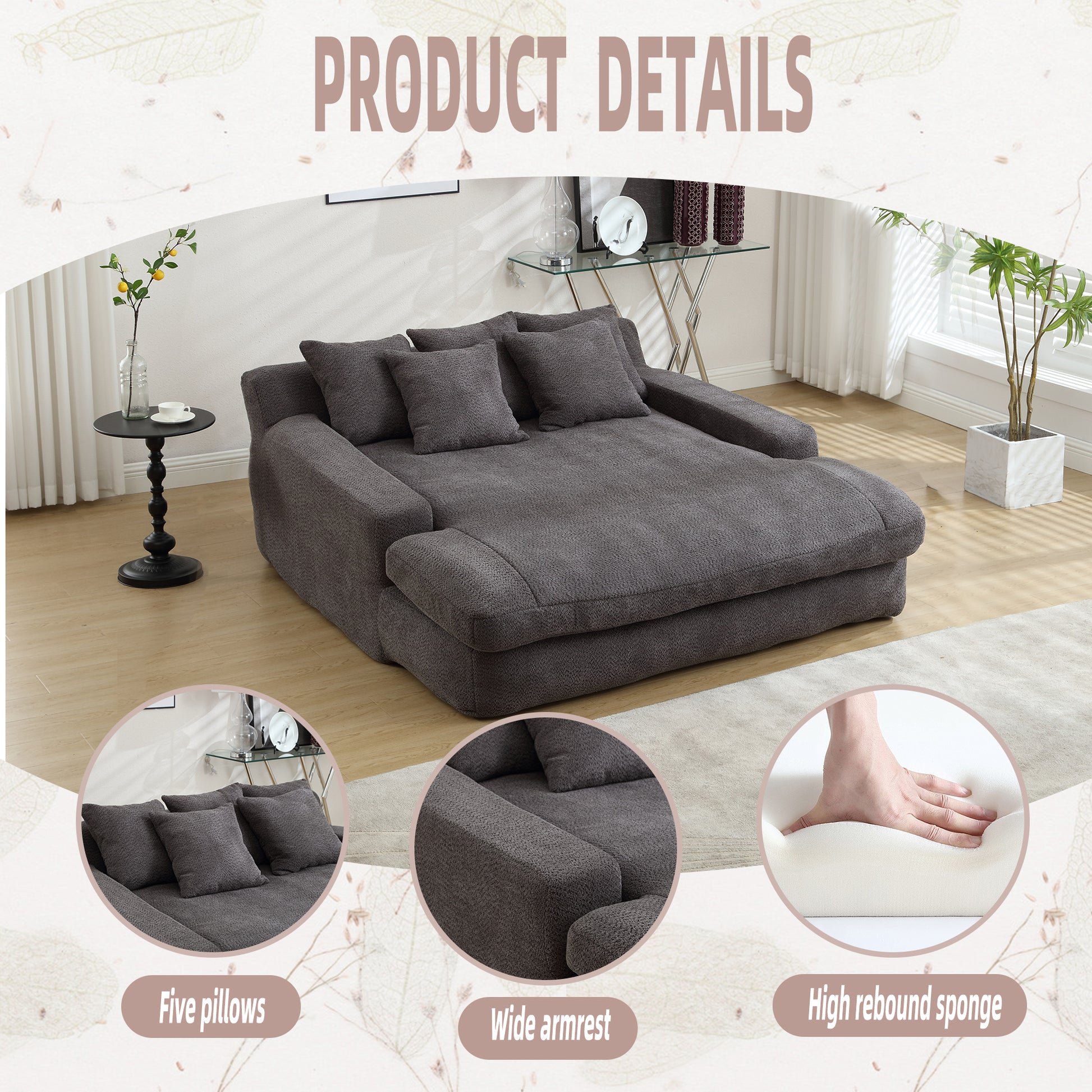 Coolmore Chenille 2 Seater Lazy Sofa With 5 Back Pillows,Comfy Sofa Deep Seat Couch For Living Room,Club Gray Gray Foam Chenille 2 Seat