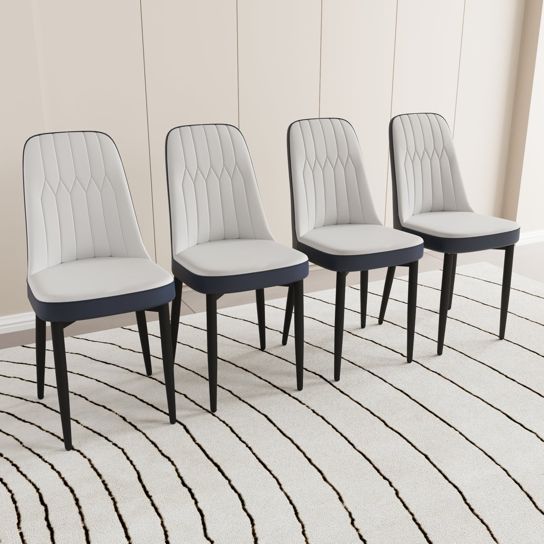 A Set Of 4 Dining Chair, Modern Style Chair Made Of High Quality Pu Leather Fabric With Thick Soft Cushions, Black Metal Leg Kitchen Chair, Dining Room Kitchen Dining Chair White And Blue Metal