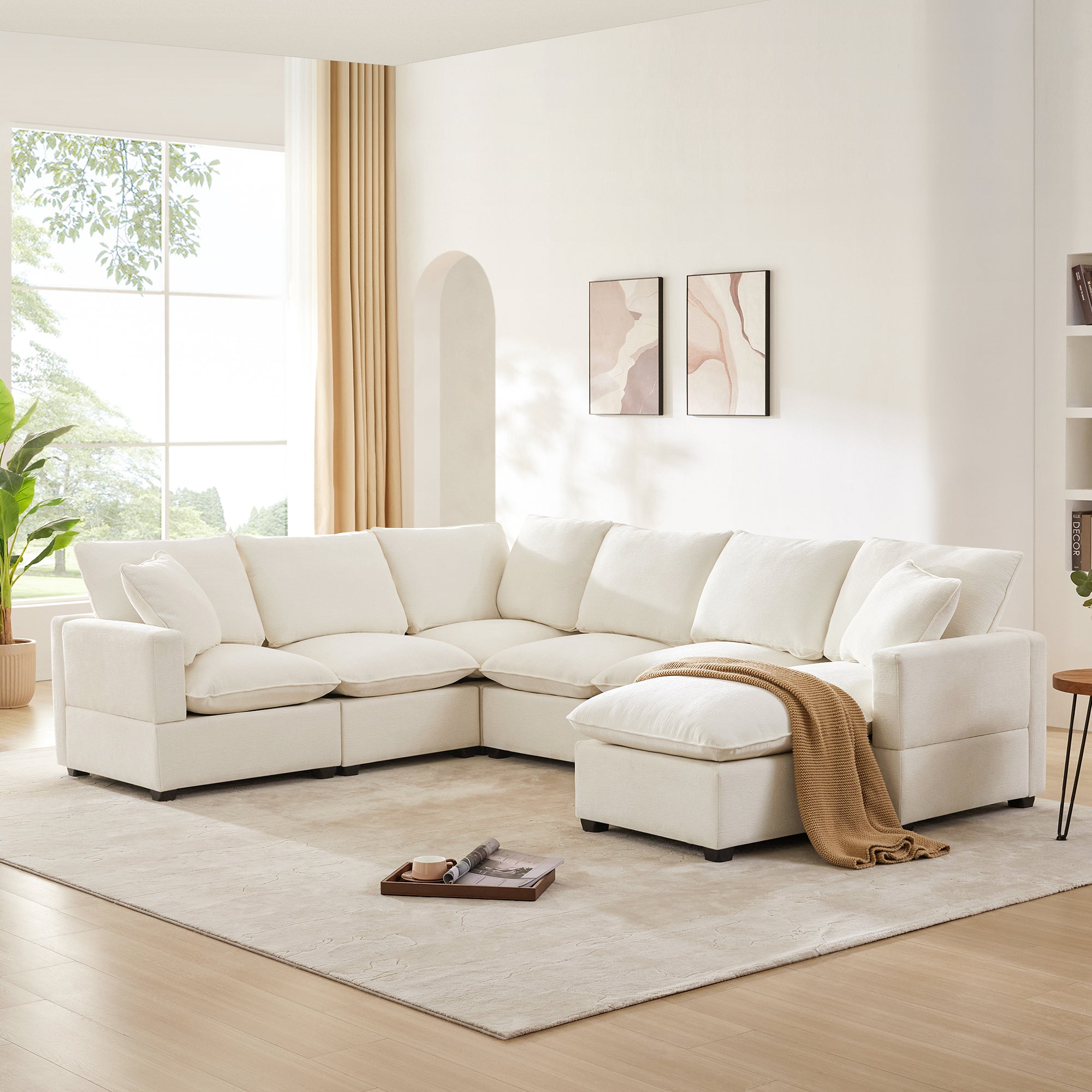 110*84" Modern U Shape Modular Sofa, 7 Seat Chenille Sectional Couch Set With 2 Pillows Included, Freely Combinable Indoor Funiture For Living Room, Apartment, Office, 2 Colors White Chenille 7 Seat