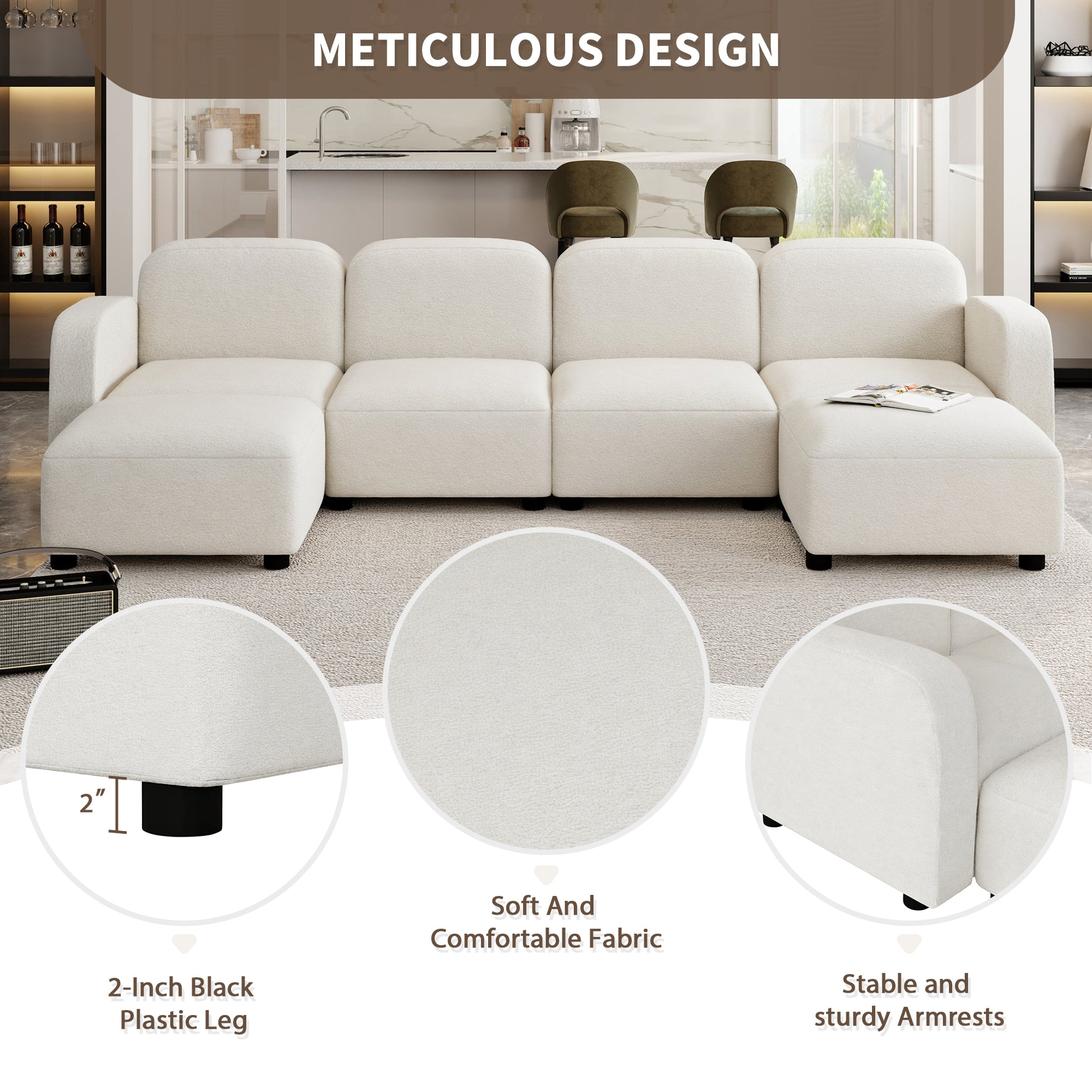 116*58" Velvet Modular Sectional Sofa,U Shaped Reversible Couch Set,Free Combination,6 Seat Sleeper Cloud Sofa Bed With Ottoman,Convertible Oversized Indoor Furniture Pieces For Living Room,Beige Beige Velvet 6 Seat