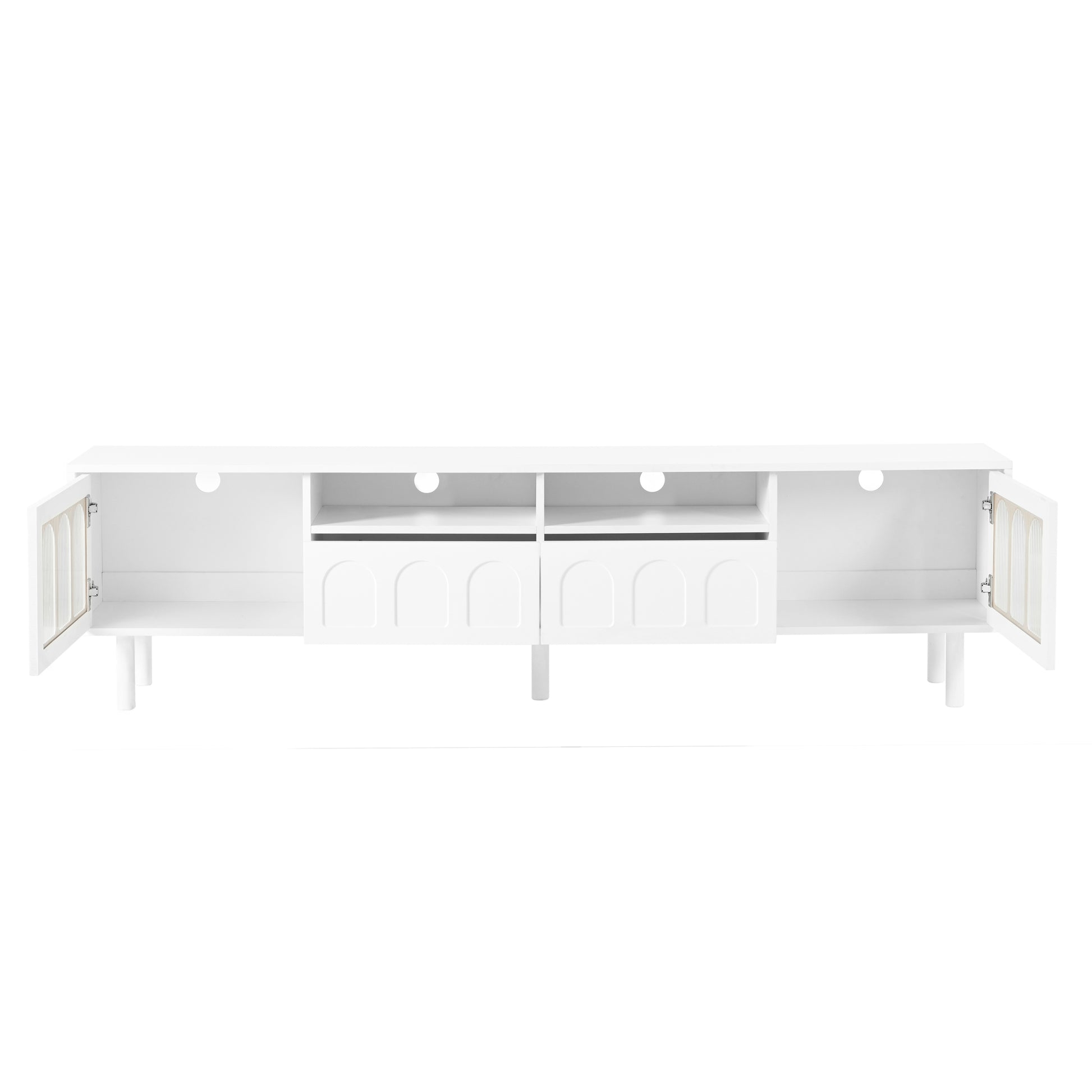 Cream Style Tv Stand With Led Light Strip For Tvs Up To 80'', Graceful Entertainment Center With 5 Solid Wood Legs, Large Storage Media Console With Fluted Tempered Glass Doors, White White 80 89 Inches Particle Board