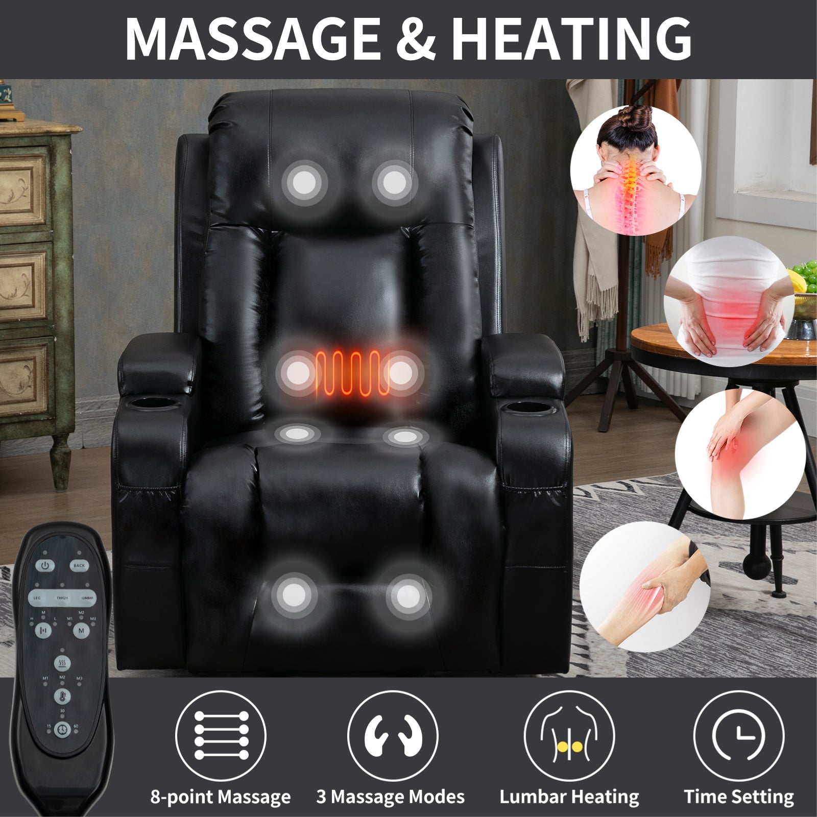 Infinite Position Up To 350 Lbs Power Lift Recliner Chair For Elderly, Heavy Duty Motion Mechanism With 8 Point Vibration Massage And Lumbar Heating, Usb Charging Port, Cup Holders, Black White Metal Primary Living Space Heavy Duty Pine Black Faux