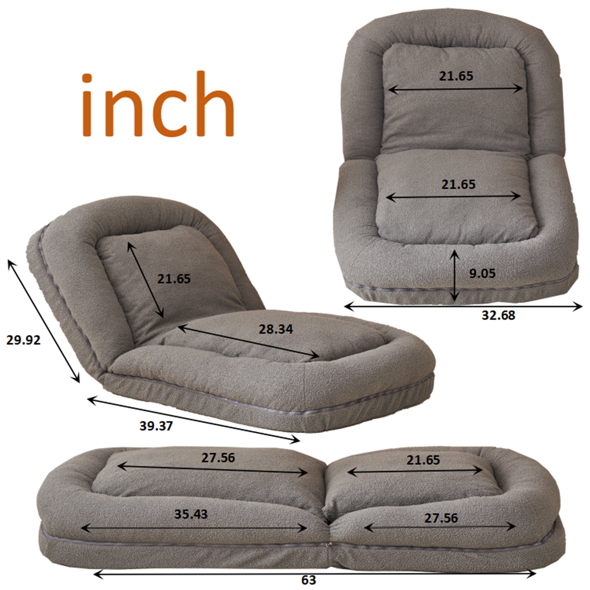 Triple Fold Down Sofa Bed,Gy Grey Metal Cotton Metal