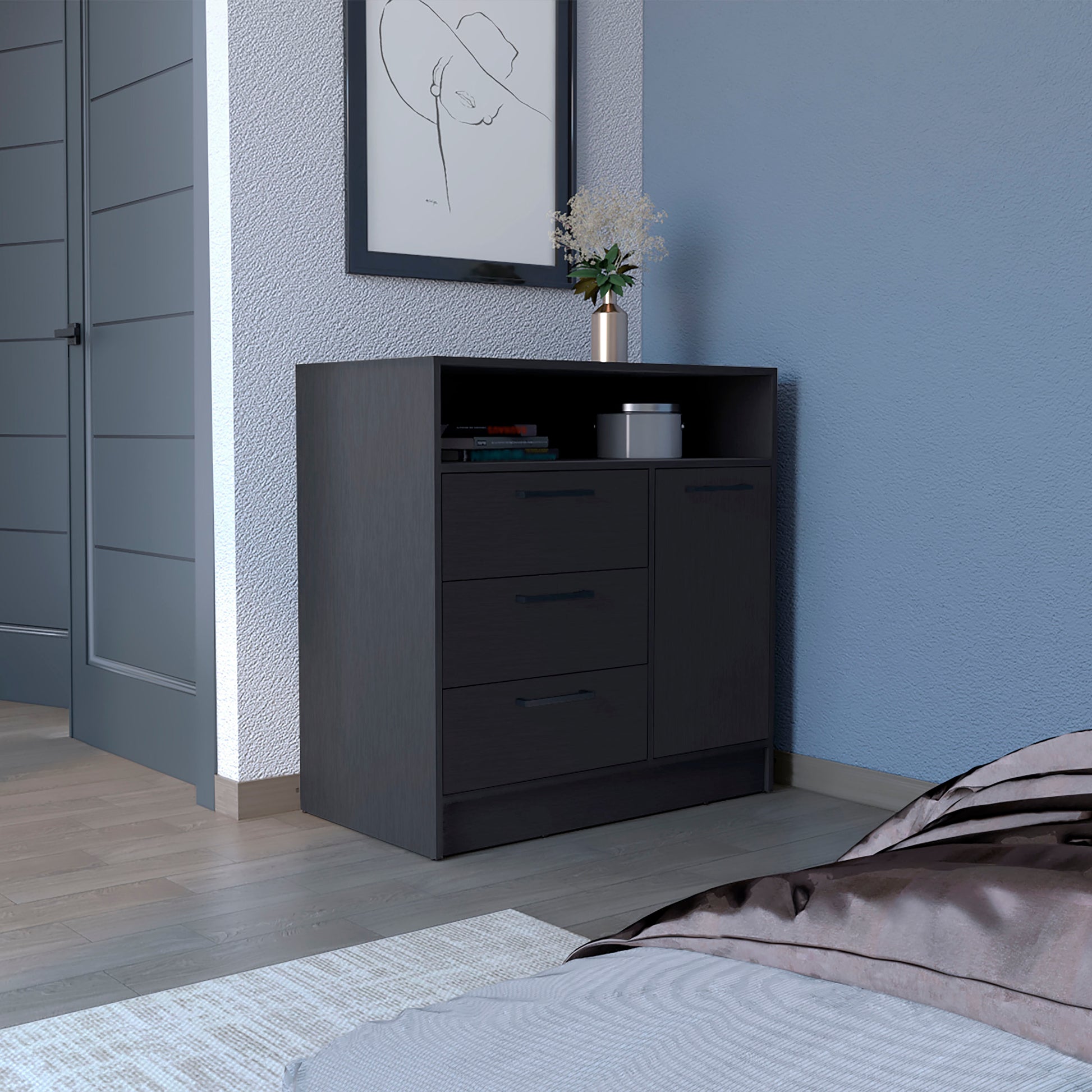 Dresser With Spacious 3 Drawer And Single Door Storage Cabinet, Black Black Solid Wood Mdf Engineered Wood