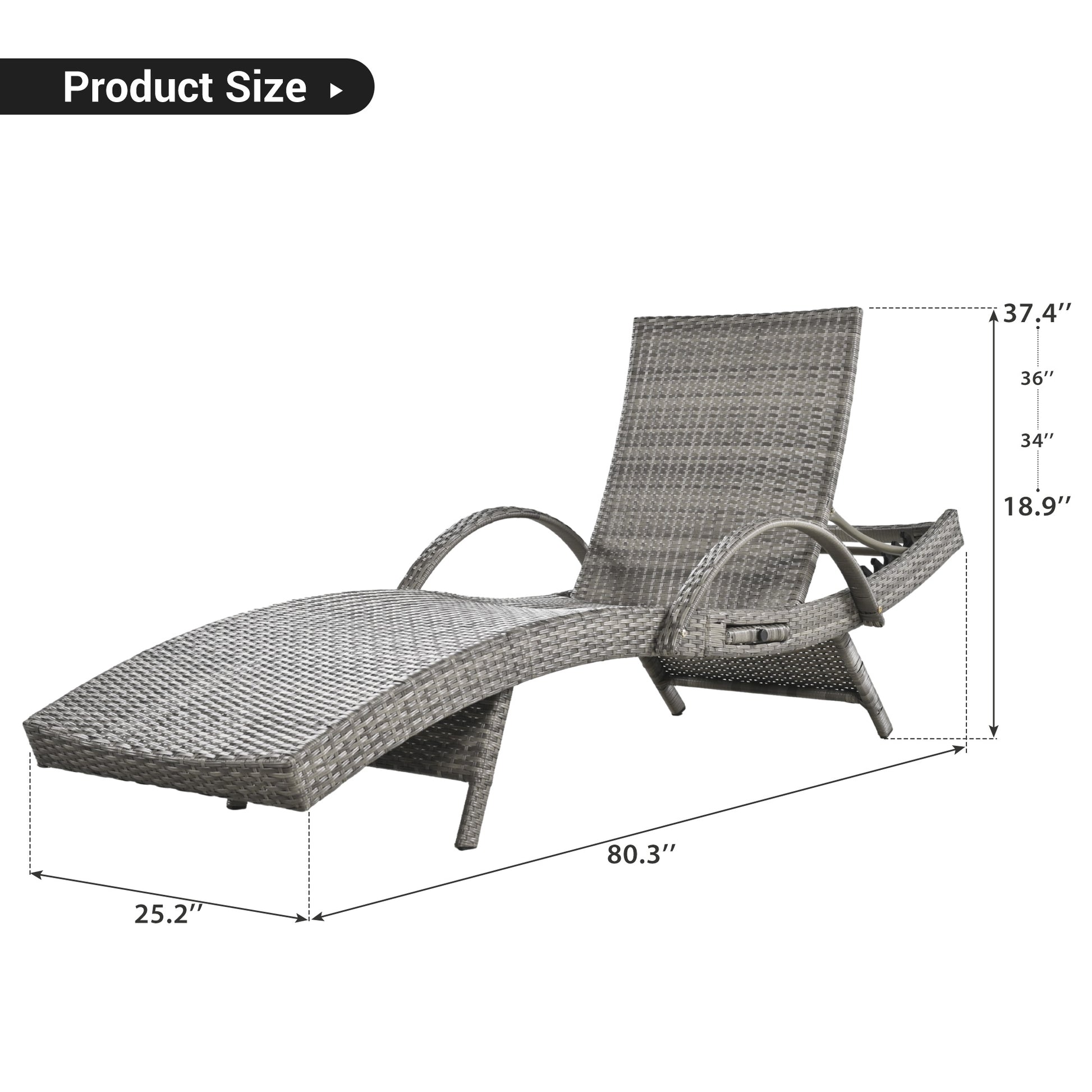 K&K 80'' Outdoor Wicker Chaise Lounge Chairs Set Of 2, Patio Rattan Reclining Chair Pull Out Side Table Adjustable Backrest Ergonomic Wave Design Pool Sunbathing Recliners, Grey No Lounge Grey Seats