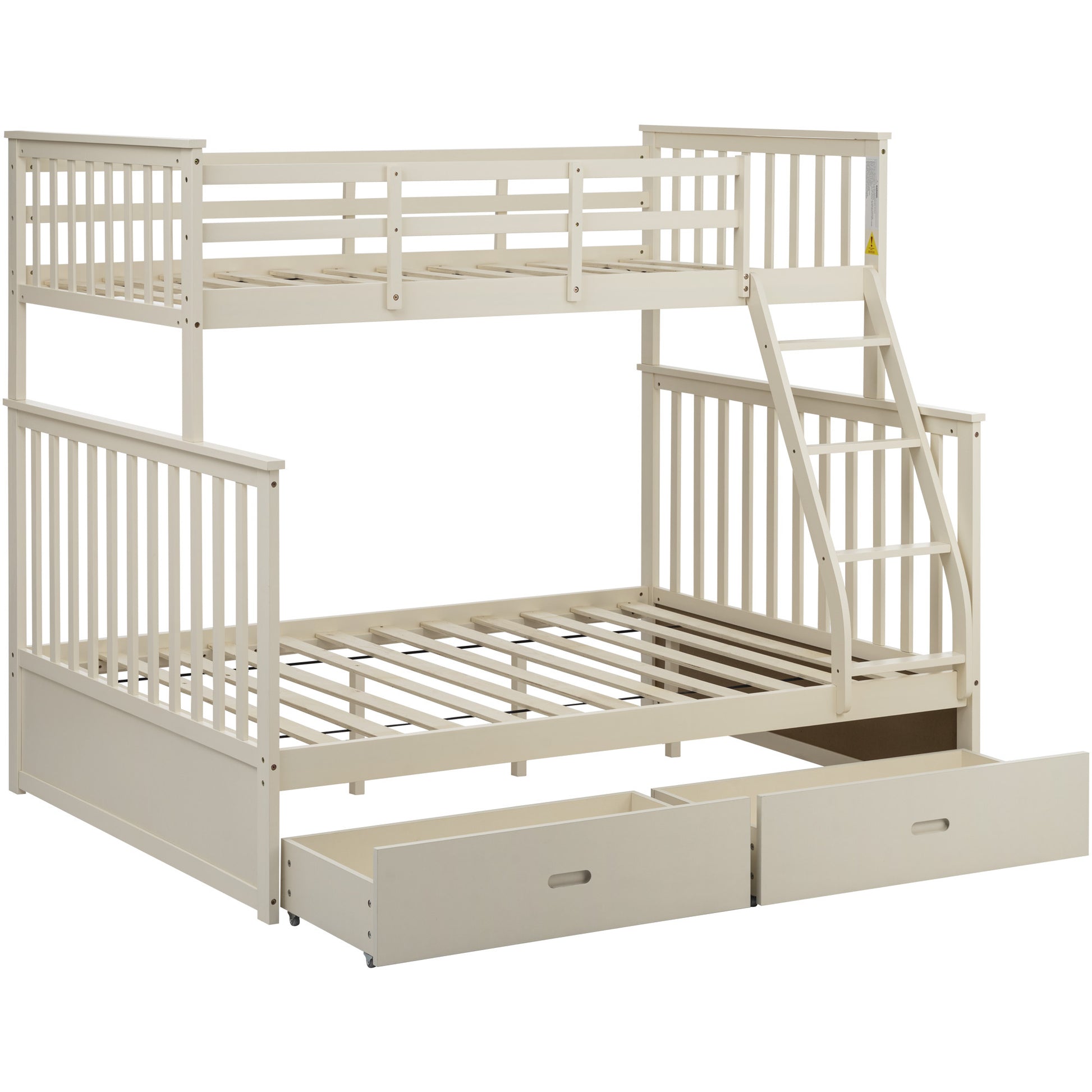 Twin Over Full Bunk Bed With Storage Drawers, Wooden Bunk Bed With Ladder And Safety Guard Rails Cream Full Cream Wood