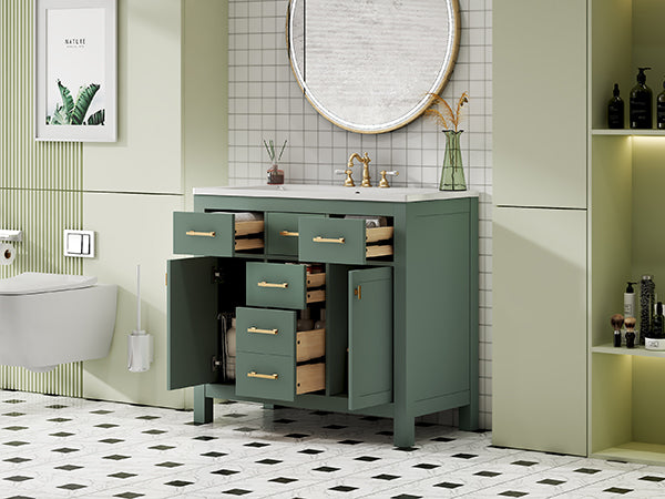 36'' Bathroon Vanity With Resin Sink Combo Set,Modern Freestanding Single Bathroom Cabinet With 4 Drawers & 2 Cabinets,Storage Cabinet For Bathroom, Solid Wood Frame Vanity Set, Green 4 Green 2 2 Adjustable Hinges Bathroom Freestanding Solid Wood Mdf