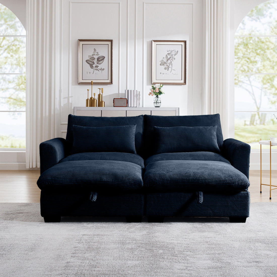 Corduroy Two Seater Sofa With 2 Storage Footrest, 2 Seater Sectional Deep Seat Sofa,Comfy Couches For Living Room ,Bule Sofa Blue Corduroy 2 Seat