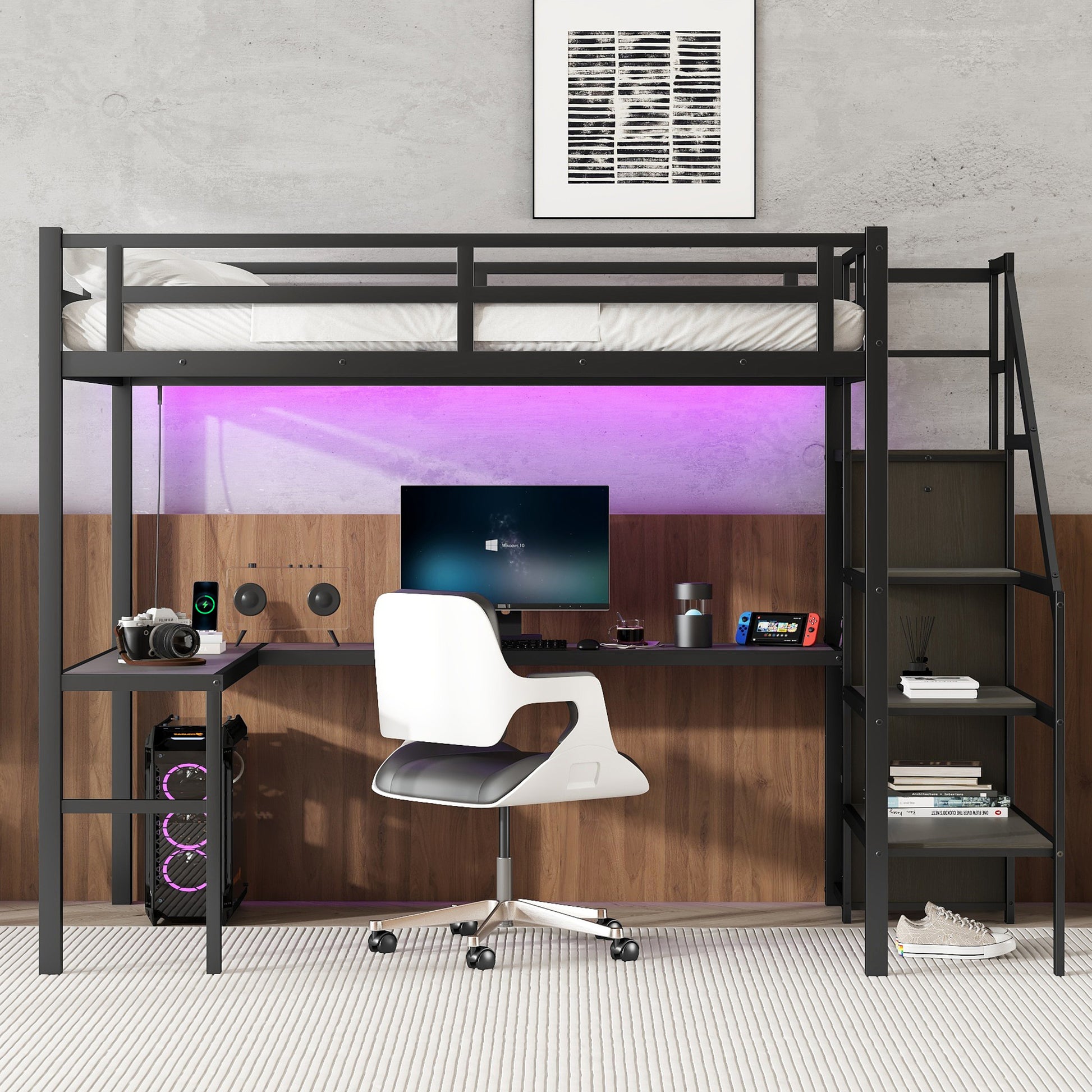 Full Xl Size Loft Bed With L Shaped Desk And Usb, Metal Loft Bed With Wardrobe And Adjustable Shelf, High Loft Bed With Led For Kids Teens Adults, Black Expect Arrive 2024 10 10 Full Xl Black Metal